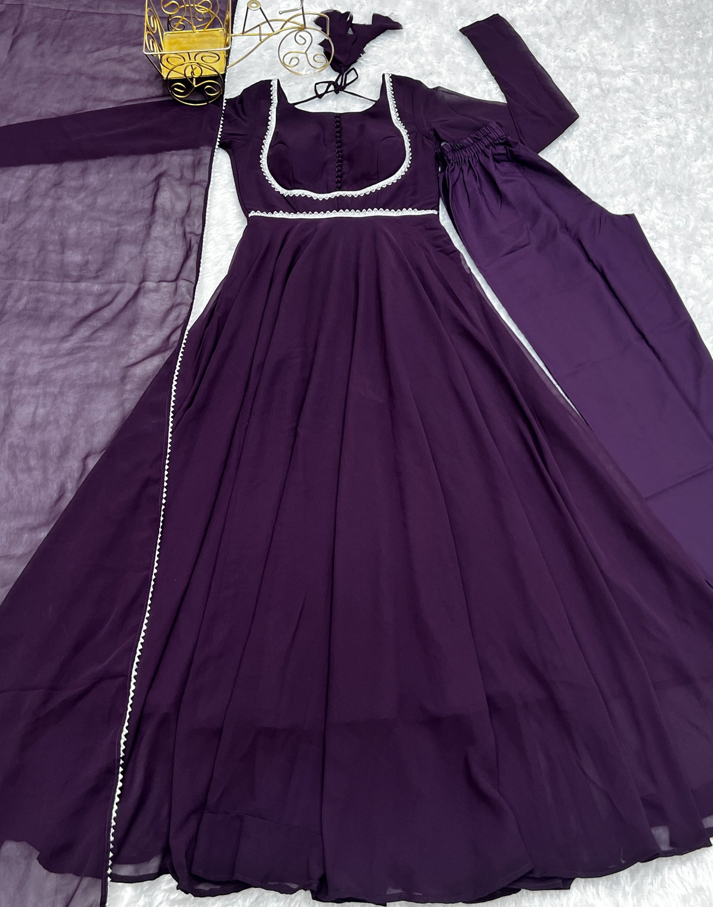 Lorenvalley Fashion Wine Georgette Anarkali Gown Dupatta Set With Pant Ready to Wear - Wine | Swadesiicart