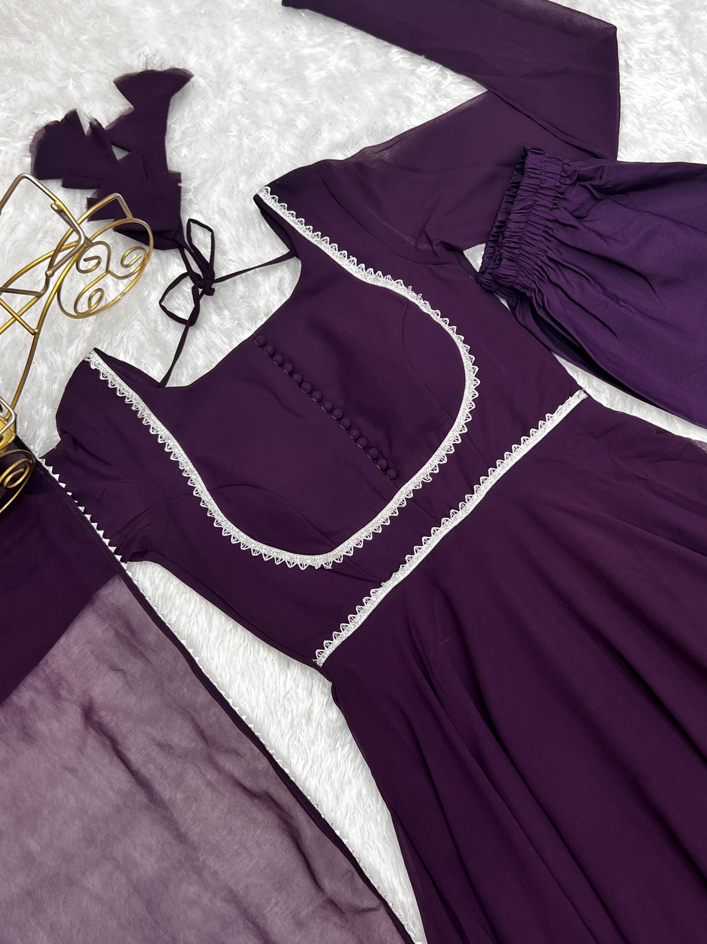 Lorenvalley Fashion Wine Georgette Anarkali Gown Dupatta Set With Pant Ready to Wear - Wine | Swadesiicart