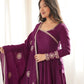 Women’s Wine Purple Pure Roman Chanderi Silk 16 Kali Anarkali Gown with Embroidered Dupatta & Churidar