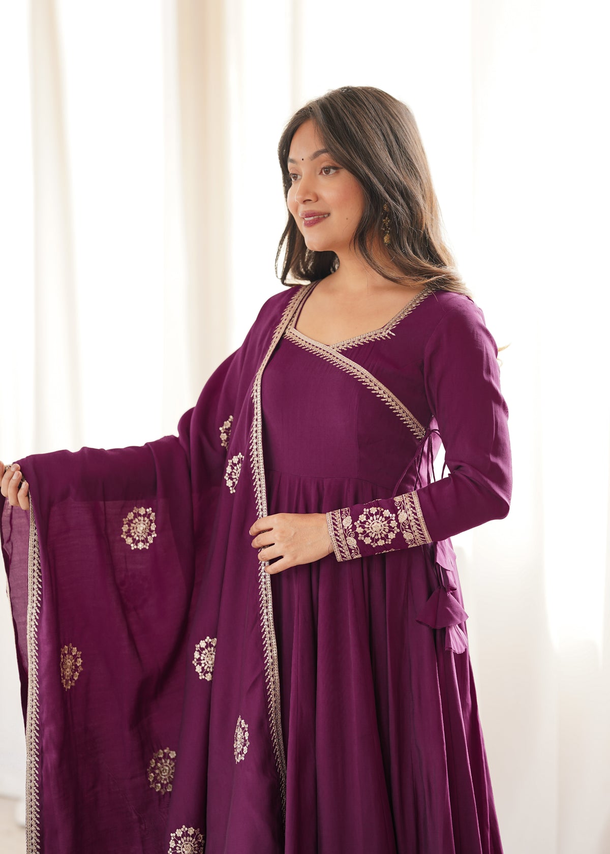 Women’s Wine Purple Pure Roman Chanderi Silk 16 Kali Anarkali Gown with Embroidered Dupatta & Churidar