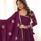 Women’s Wine Purple Pure Roman Chanderi Silk 16 Kali Anarkali Gown with Embroidered Dupatta & Churidar