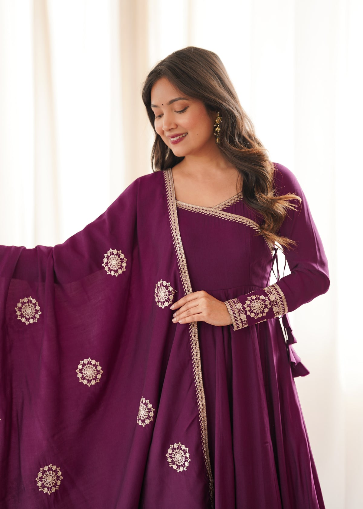 Women’s Wine Purple Pure Roman Chanderi Silk 16 Kali Anarkali Gown with Embroidered Dupatta & Churidar
