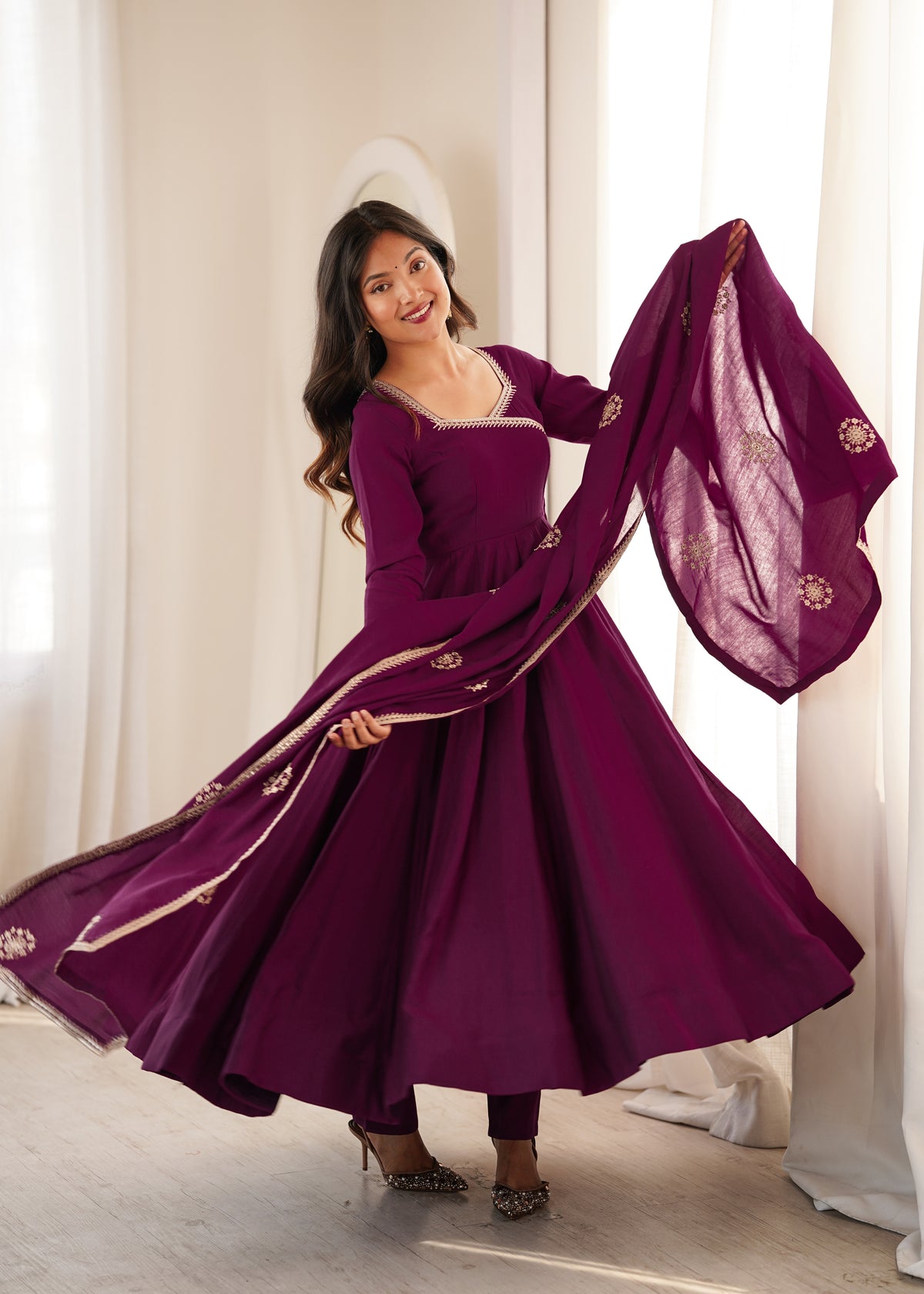 Women’s Wine Purple Pure Roman Chanderi Silk 16 Kali Anarkali Gown with Embroidered Dupatta & Churidar