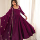 Women’s Wine Purple Pure Roman Chanderi Silk 16 Kali Anarkali Gown with Embroidered Dupatta & Churidar