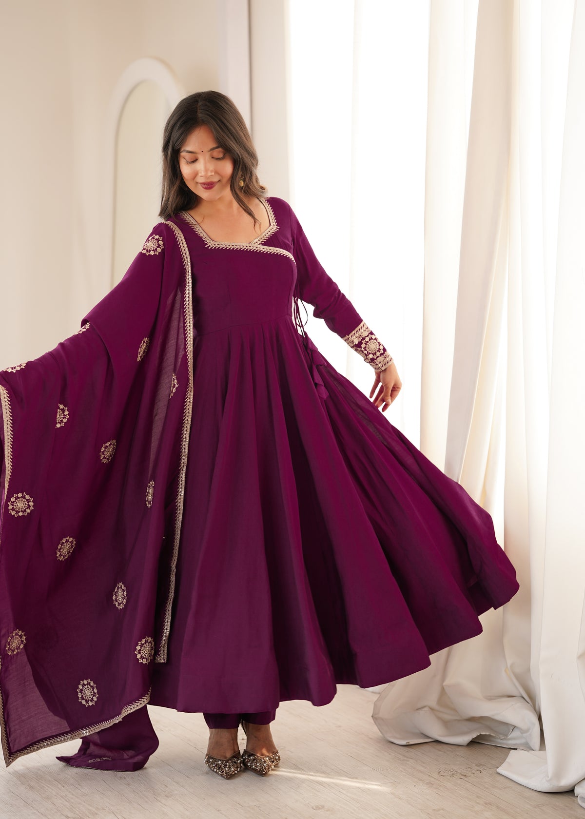 Women’s Wine Purple Pure Roman Chanderi Silk 16 Kali Anarkali Gown with Embroidered Dupatta & Churidar