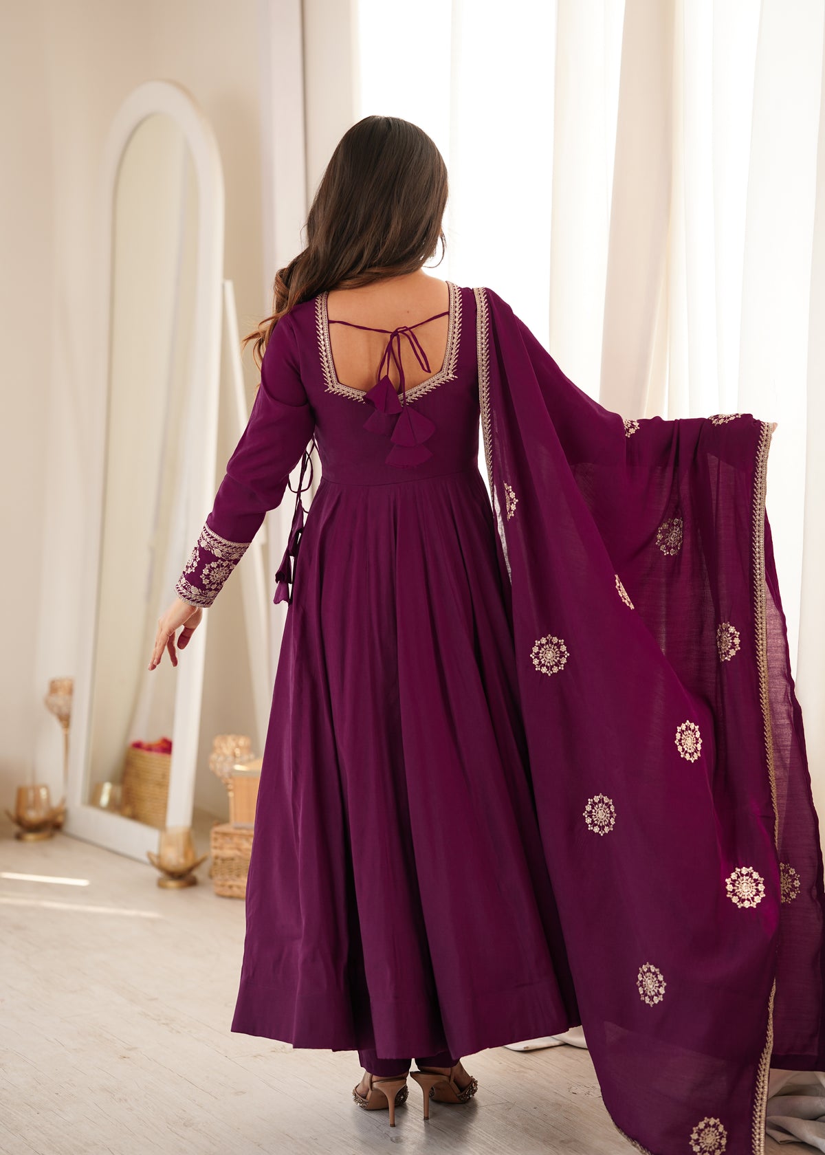 Women’s Wine Purple Pure Roman Chanderi Silk 16 Kali Anarkali Gown with Embroidered Dupatta & Churidar