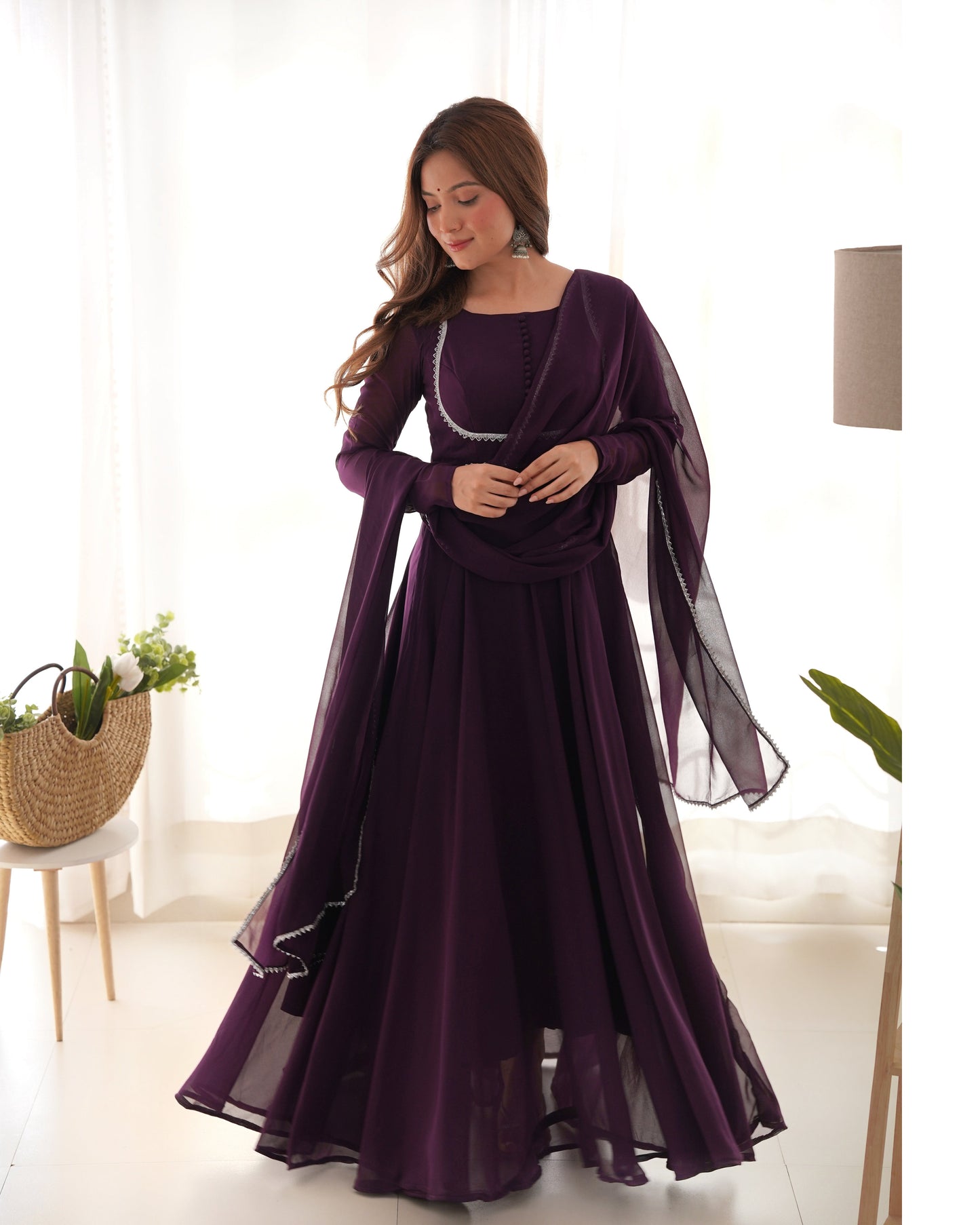 Lorenvalley Fashion Wine Georgette Anarkali Gown Dupatta Set With Pant Ready to Wear - Wine | Swadesiicart