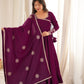 Women’s Wine Purple Pure Roman Chanderi Silk 16 Kali Anarkali Gown with Embroidered Dupatta & Churidar