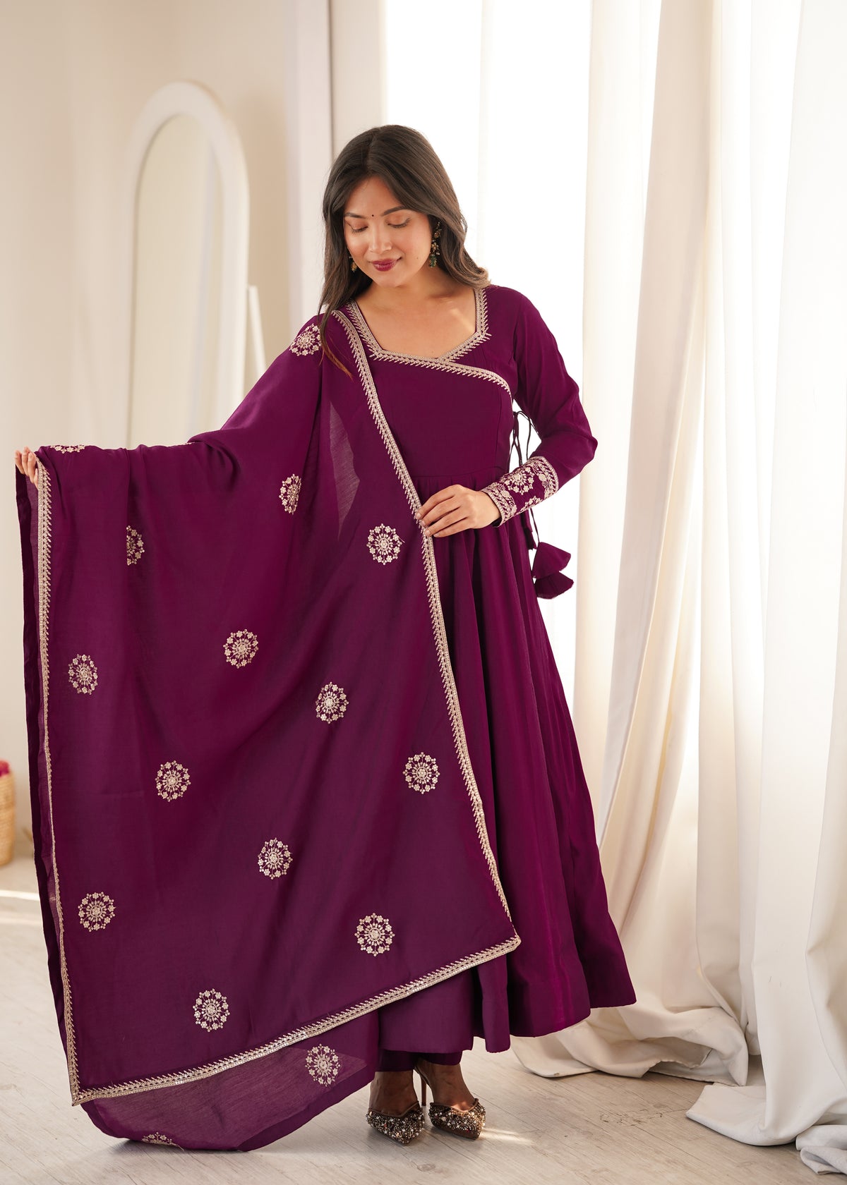 Women’s Wine Purple Pure Roman Chanderi Silk 16 Kali Anarkali Gown with Embroidered Dupatta & Churidar