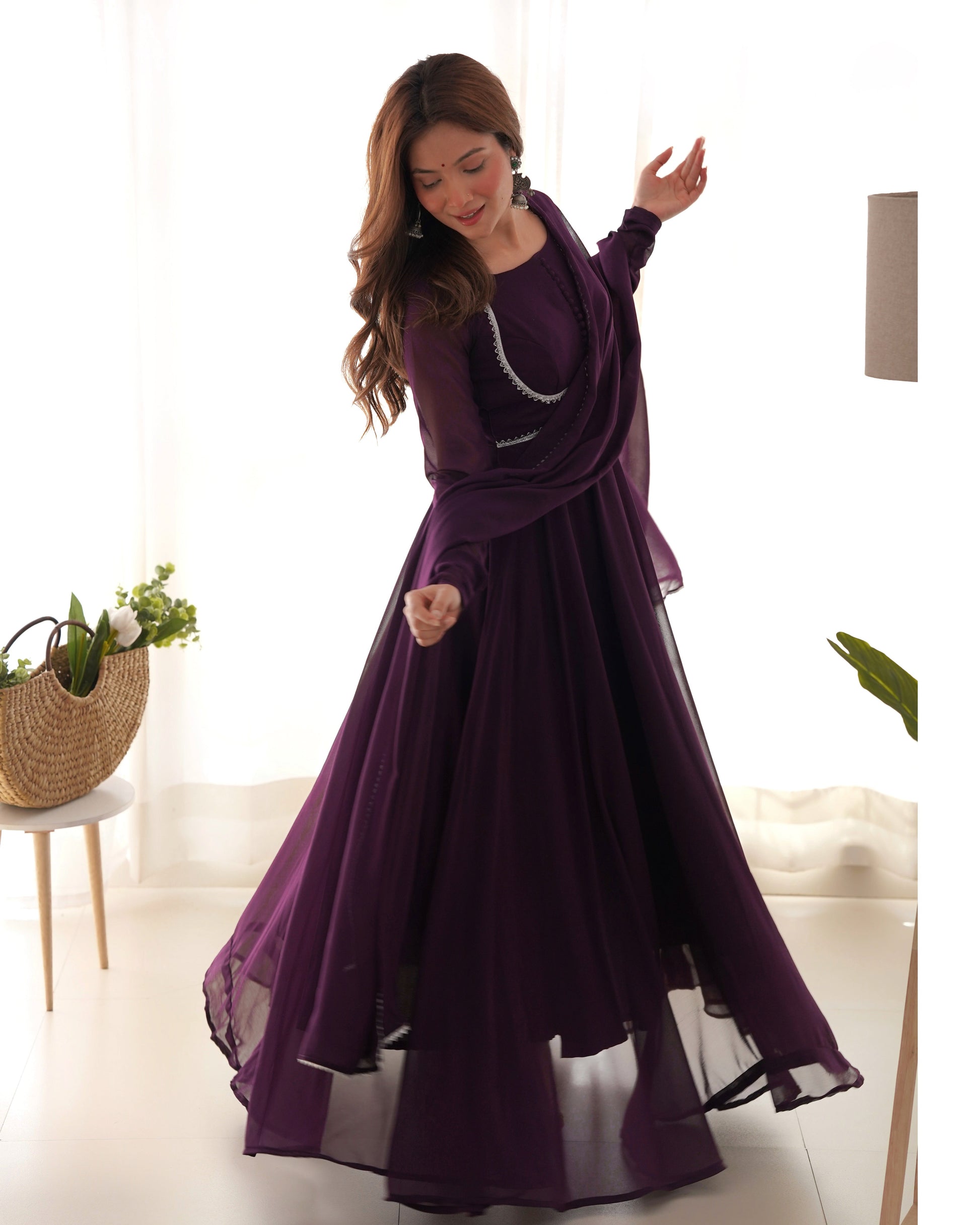 Lorenvalley Fashion Wine Georgette Anarkali Gown Dupatta Set With Pant Ready to Wear - Wine | Swadesiicart