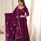 Women’s Wine Purple Pure Roman Chanderi Silk 16 Kali Anarkali Gown with Embroidered Dupatta & Churidar