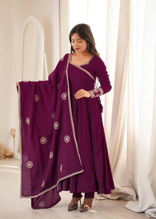 Women’s Wine Purple Pure Roman Chanderi Silk 16 Kali Anarkali Gown with Embroidered Dupatta & Churidar