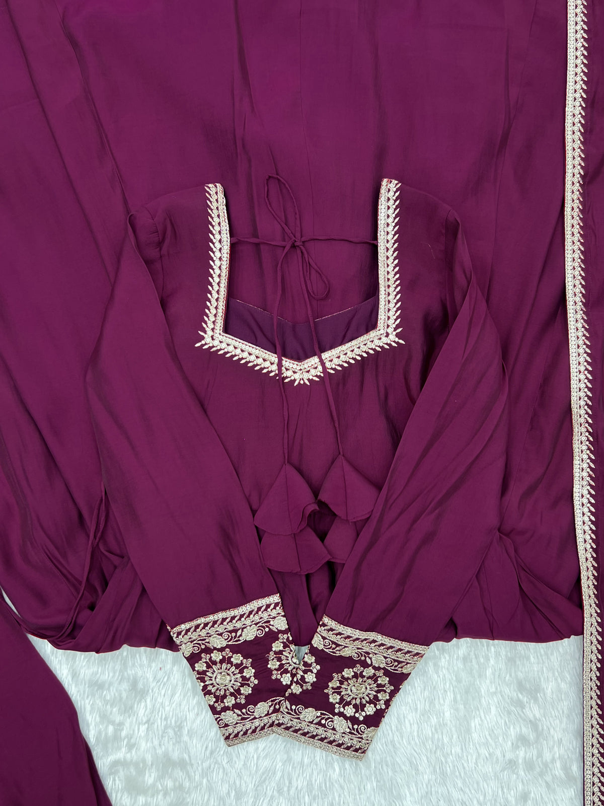Women’s Wine Purple Pure Roman Chanderi Silk 16 Kali Anarkali Gown with Embroidered Dupatta & Churidar