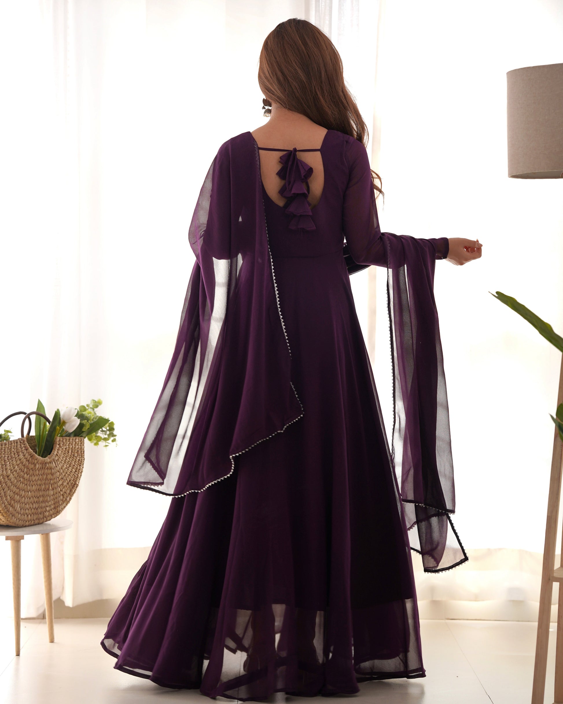 Lorenvalley Fashion Wine Georgette Anarkali Gown Dupatta Set With Pant Ready to Wear - Wine | Swadesiicart