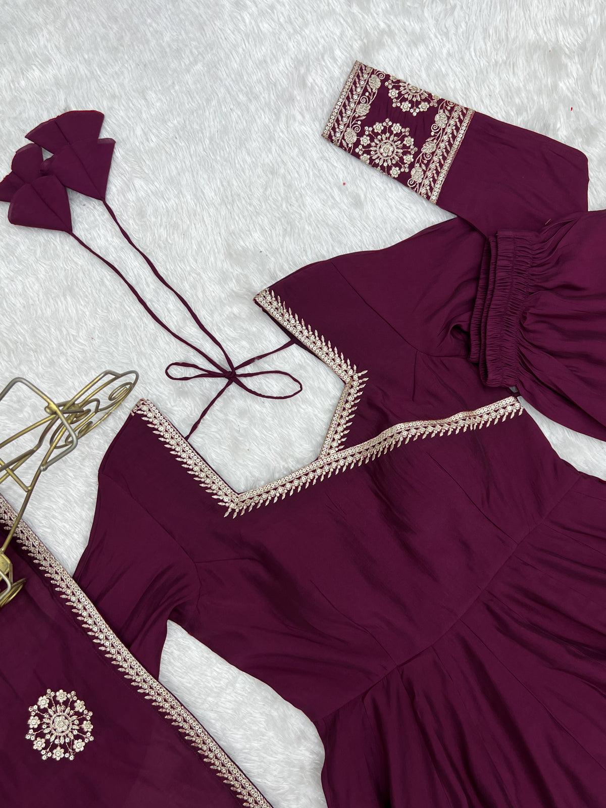 Women’s Wine Purple Pure Roman Chanderi Silk 16 Kali Anarkali Gown with Embroidered Dupatta & Churidar