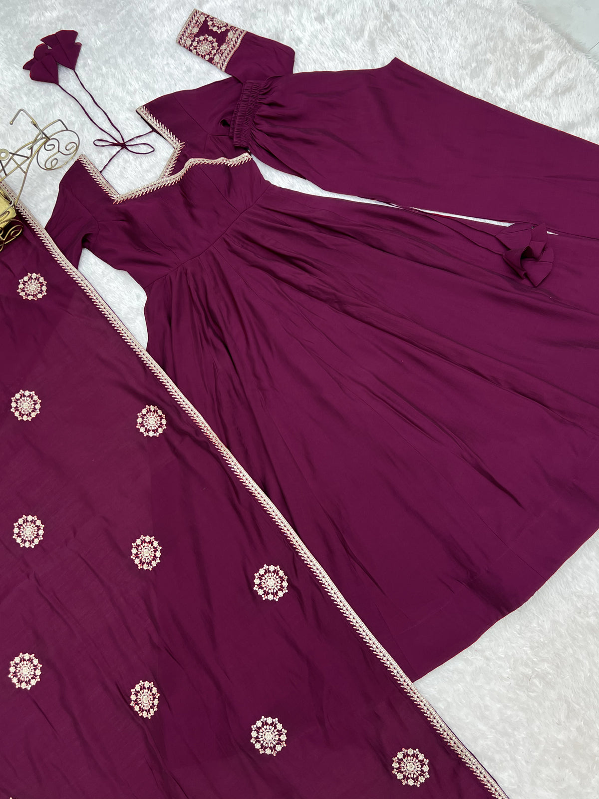 Women’s Wine Purple Pure Roman Chanderi Silk 16 Kali Anarkali Gown with Embroidered Dupatta & Churidar