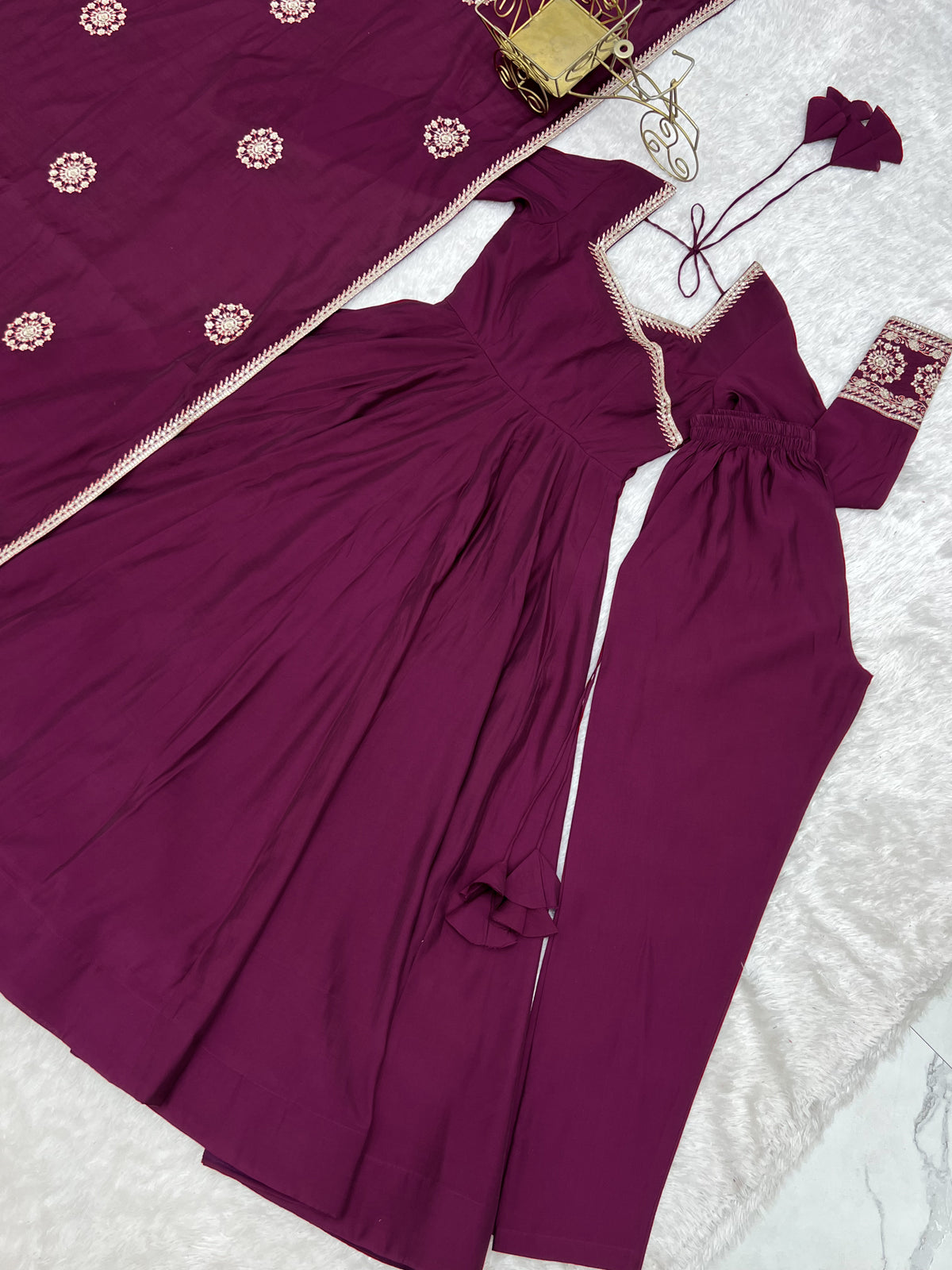 Women’s Wine Purple Pure Roman Chanderi Silk 16 Kali Anarkali Gown with Embroidered Dupatta & Churidar