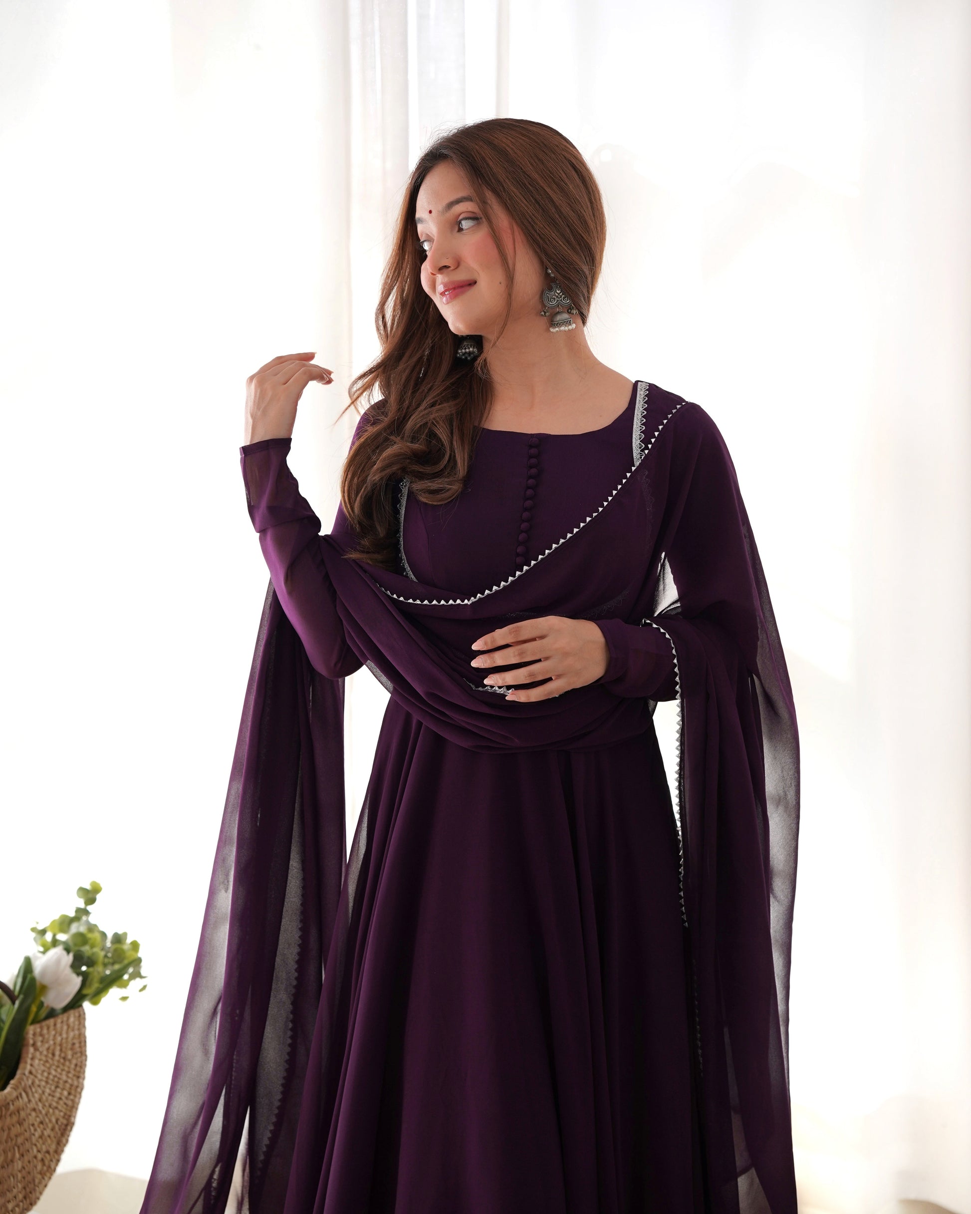 Lorenvalley Fashion Wine Georgette Anarkali Gown Dupatta Set With Pant Ready to Wear - Wine | Swadesiicart