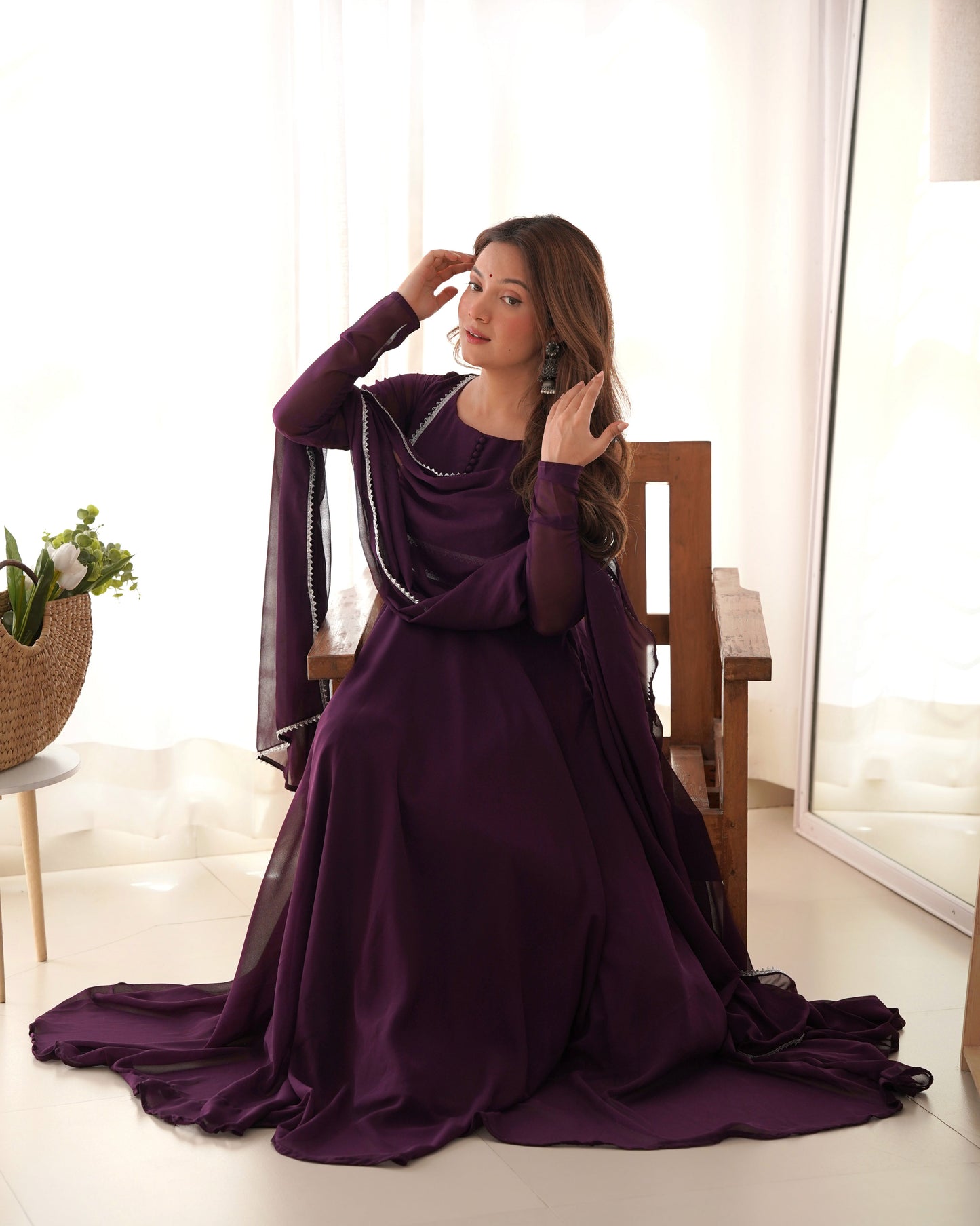 Lorenvalley Fashion Wine Georgette Anarkali Gown Dupatta Set With Pant Ready to Wear - Wine | Swadesiicart
