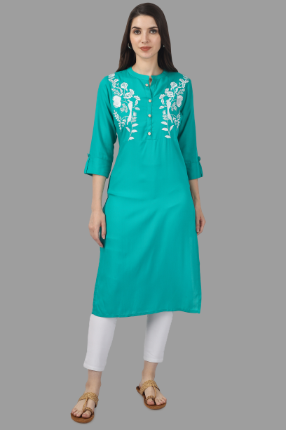 House of RP Women's Turquoise Rayon Chicken Embroidered Straight Kurta | Swadesiicart