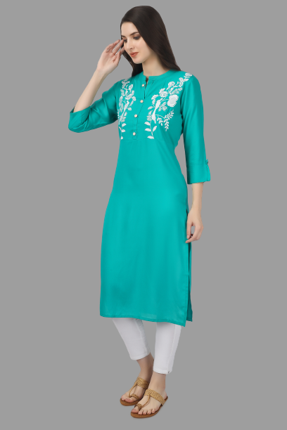 House of RP Women's Turquoise Rayon Chicken Embroidered Straight Kurta | Swadesiicart