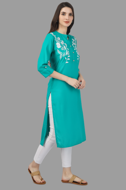 House of RP Women's Turquoise Rayon Chicken Embroidered Straight Kurta | Swadesiicart