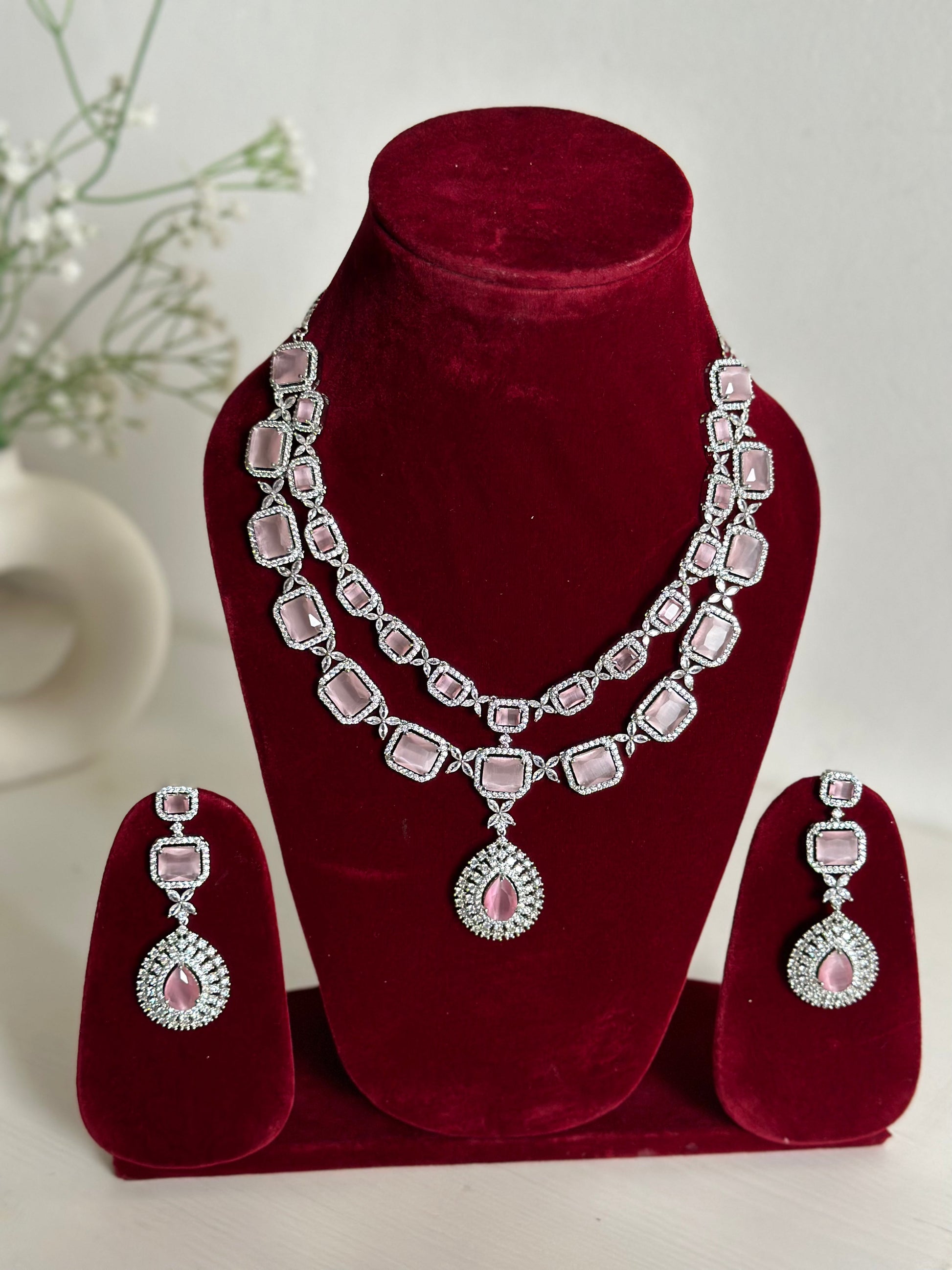 Baby Pink American Diamond Two Layer Elegent Necklace Set With Earrings By House of Ree - Swadesiicart