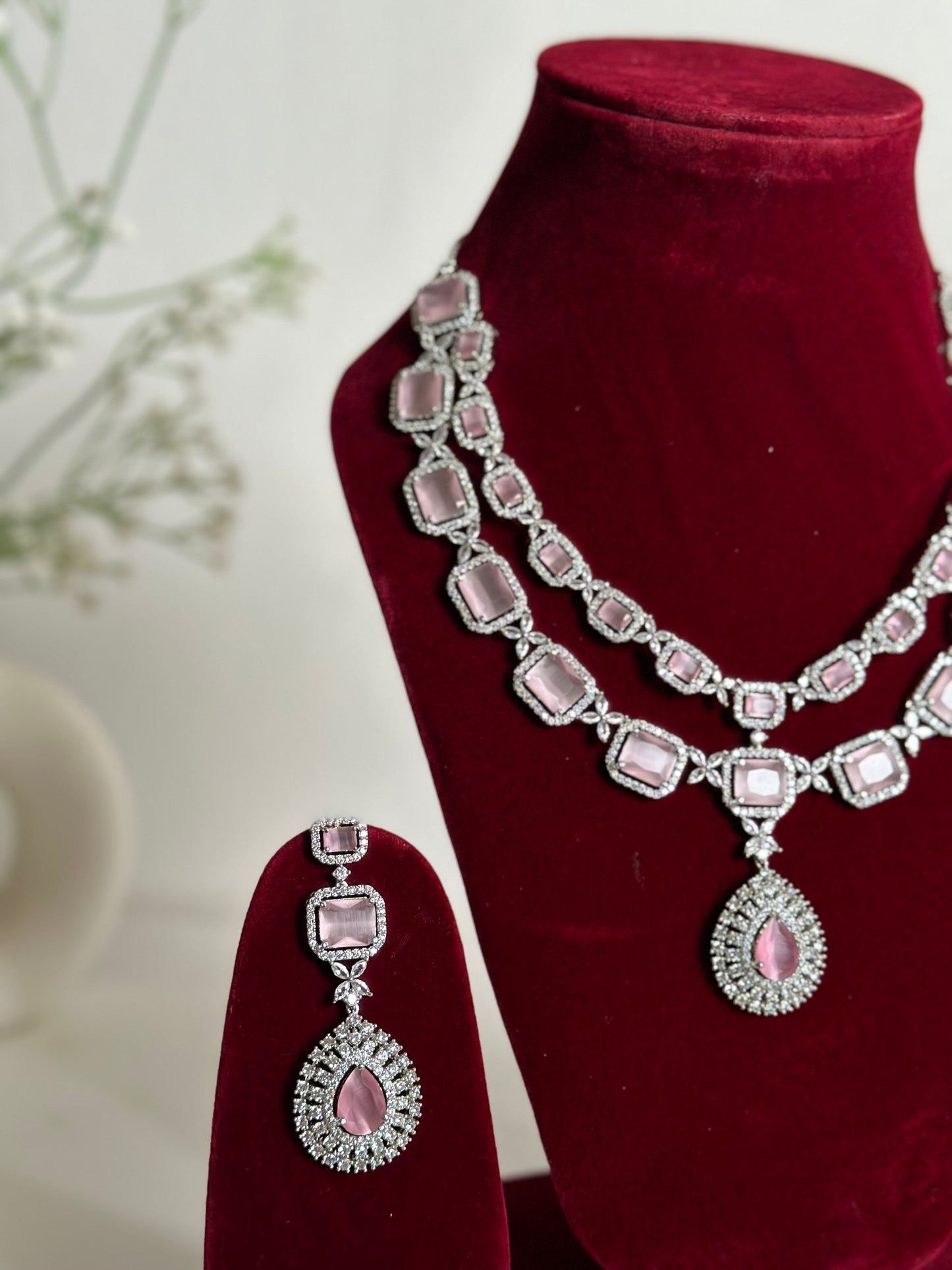 Baby Pink American Diamond Two Layer Elegent Necklace Set With Earrings By House of Ree - Swadesiicart