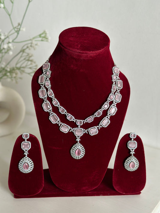 Baby Pink American Diamond Two Layer Elegent Necklace Set With Earrings By House of Ree - Swadesiicart