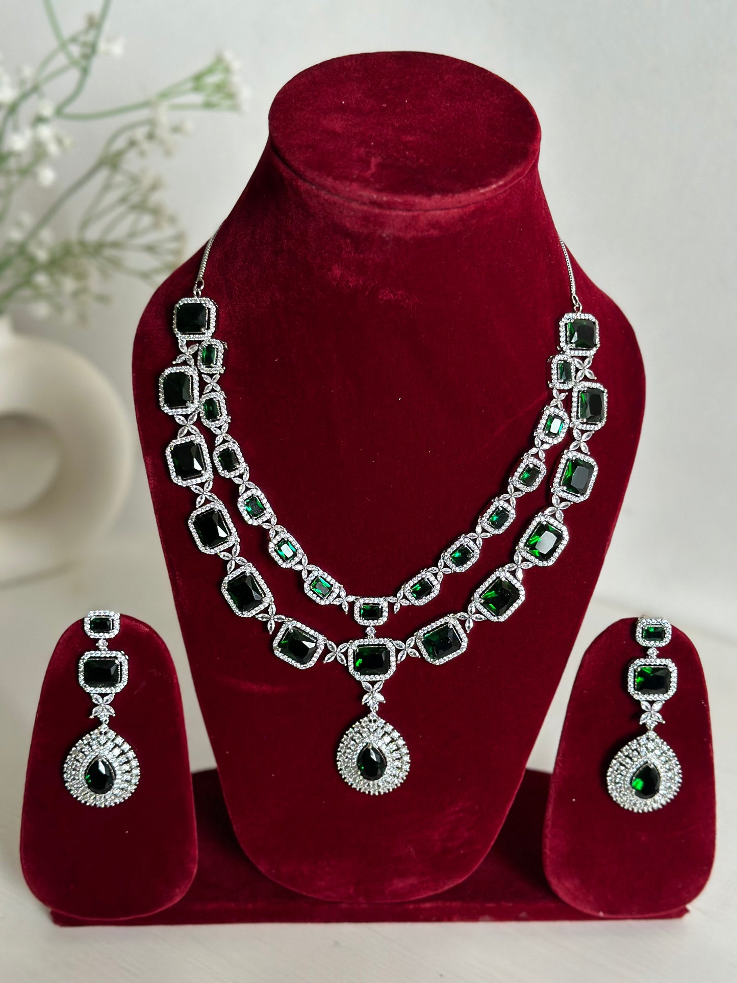 Green American Diamond Two Layer Elegent Necklace Set With Earrings By House of Ree - Swadesiicart
