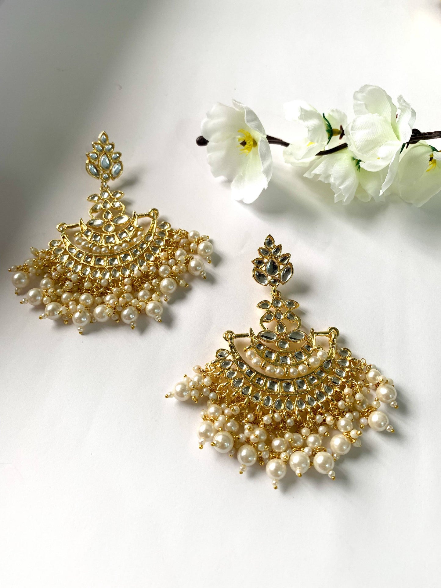 Traditional Gold-Polished White Kundan Pearl Drop Chandbali Earring For Women/Girls - Wahe Jewels - Swadesiicart