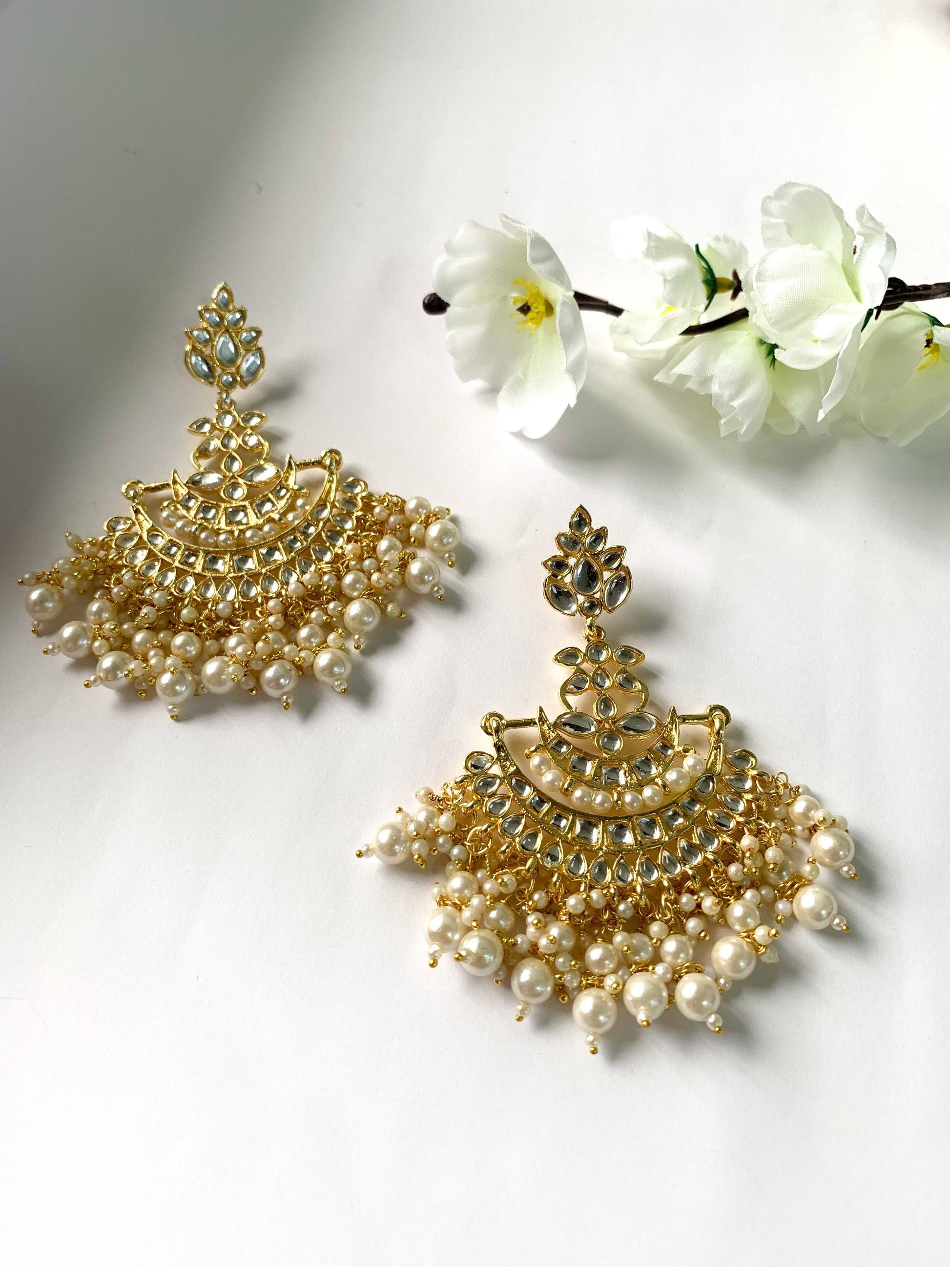 Traditional Gold-Polished White Kundan Pearl Drop Chandbali Earring For Women/Girls - Wahe Jewels - Swadesiicart