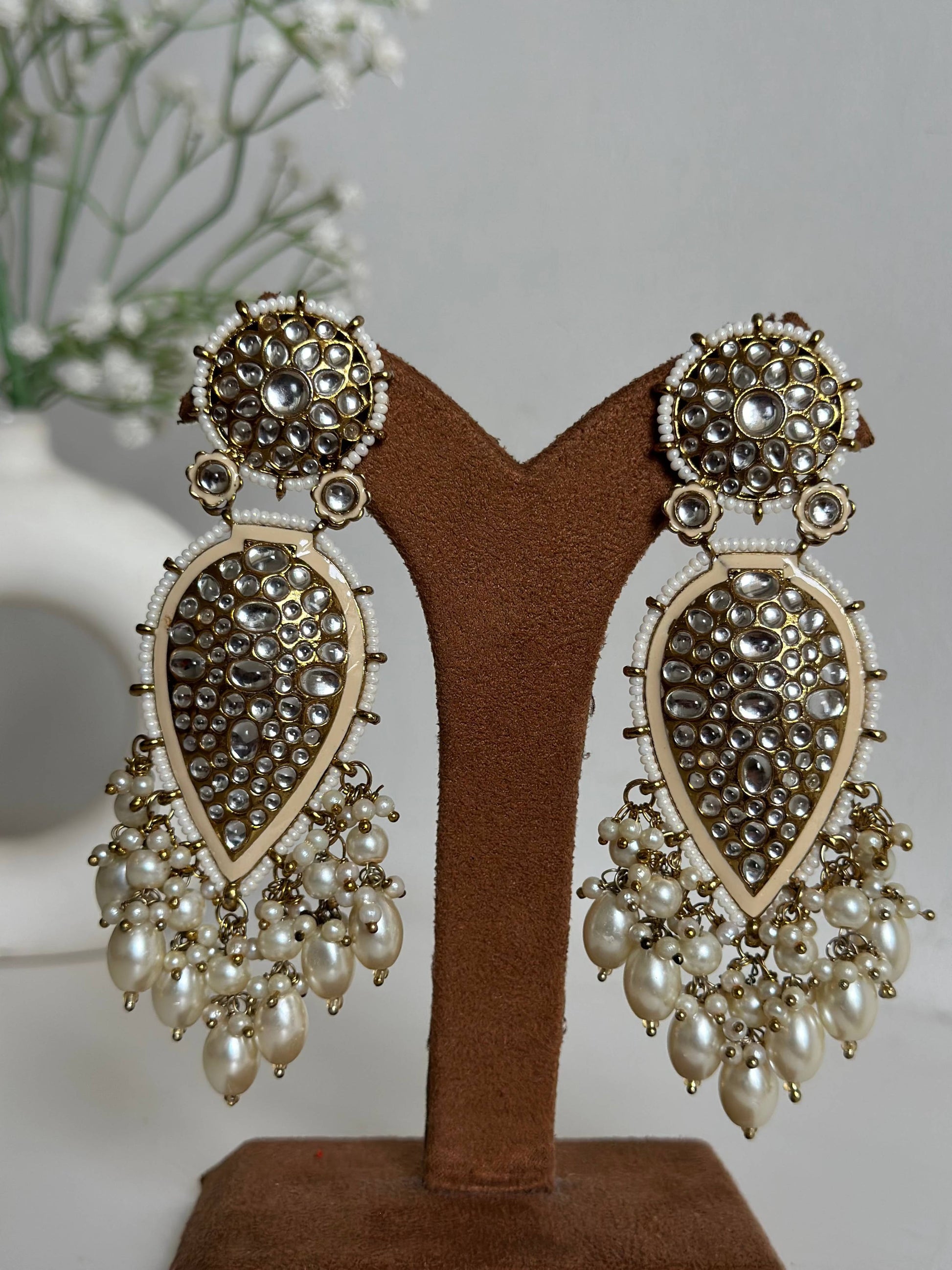 Beige Kundan Drop Earrings By House of Ree - Swadesiicart