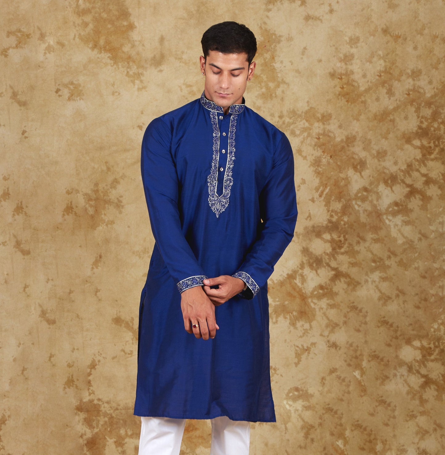 Bluesaanchi Men's Sunshine Handwoven Embroidered Dark BlueKurta Set | Swadesiicart