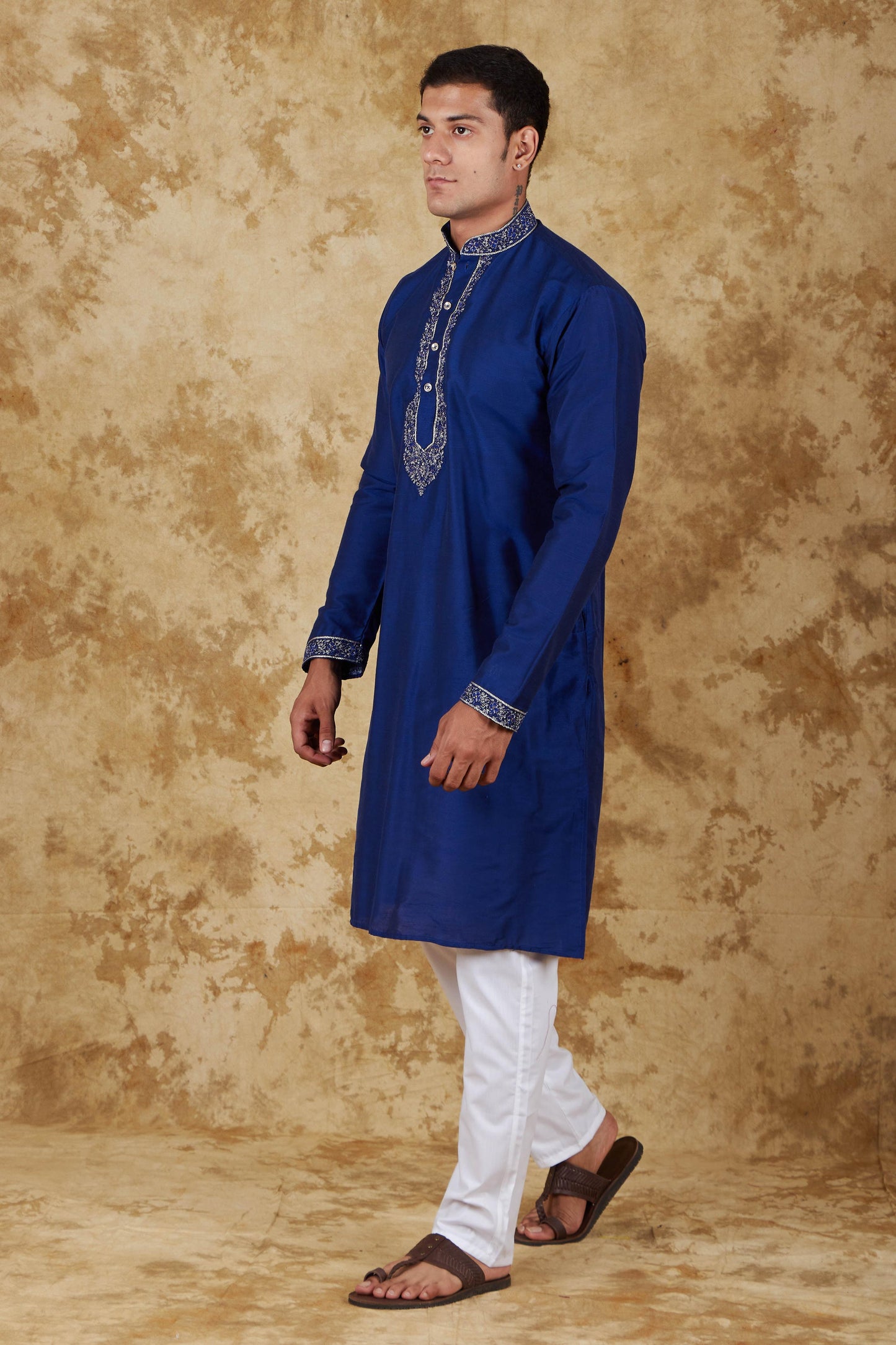 Bluesaanchi Men's Sunshine Handwoven Embroidered Dark BlueKurta Set | Swadesiicart