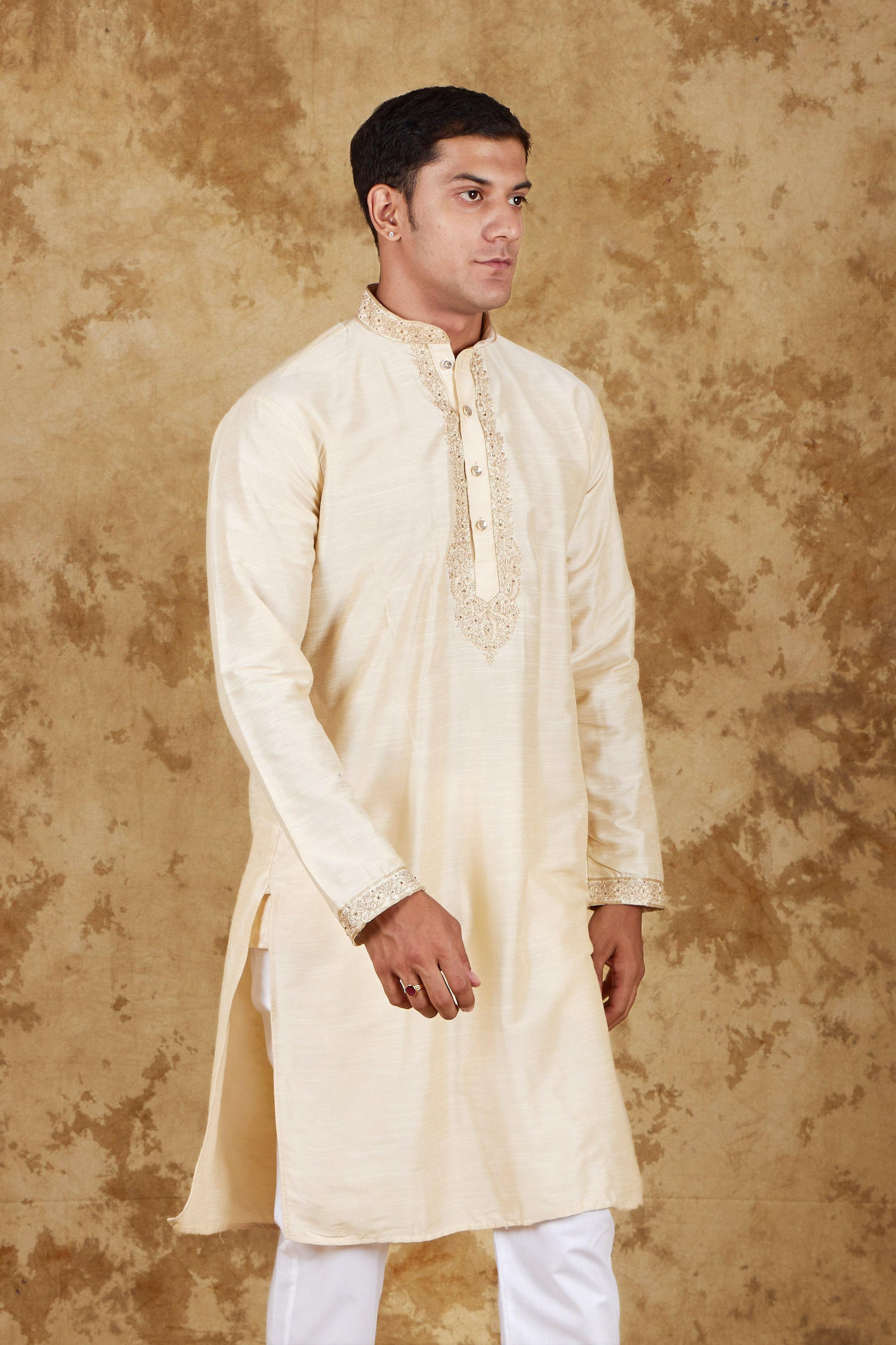 Bluesaanchi Men's Sunshine Handwoven Embroidered Cosmic LatteKurta Set | Swadesiicart