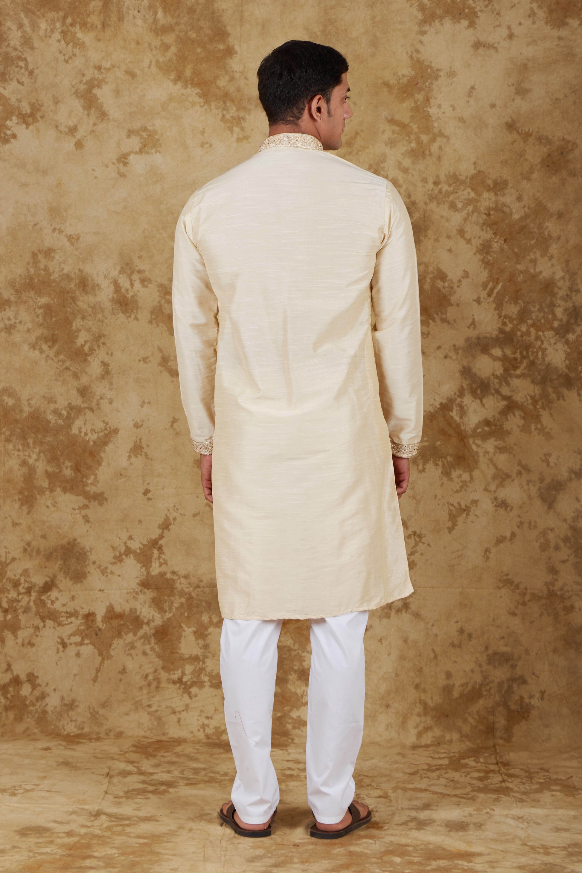 Bluesaanchi Men's Sunshine Handwoven Embroidered Cosmic LatteKurta Set | Swadesiicart