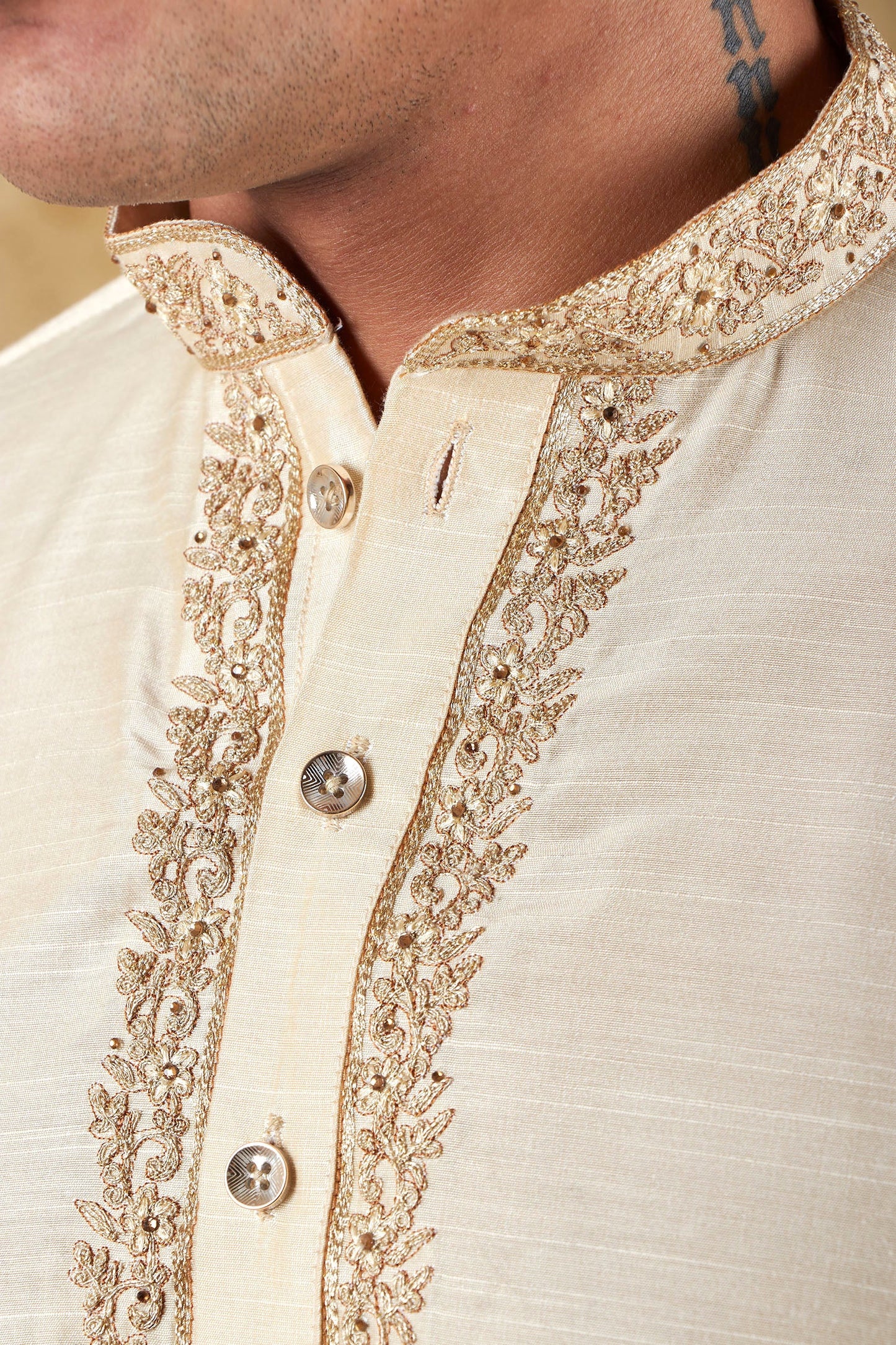 Bluesaanchi Men's Sunshine Handwoven Embroidered Cosmic LatteKurta Set | Swadesiicart
