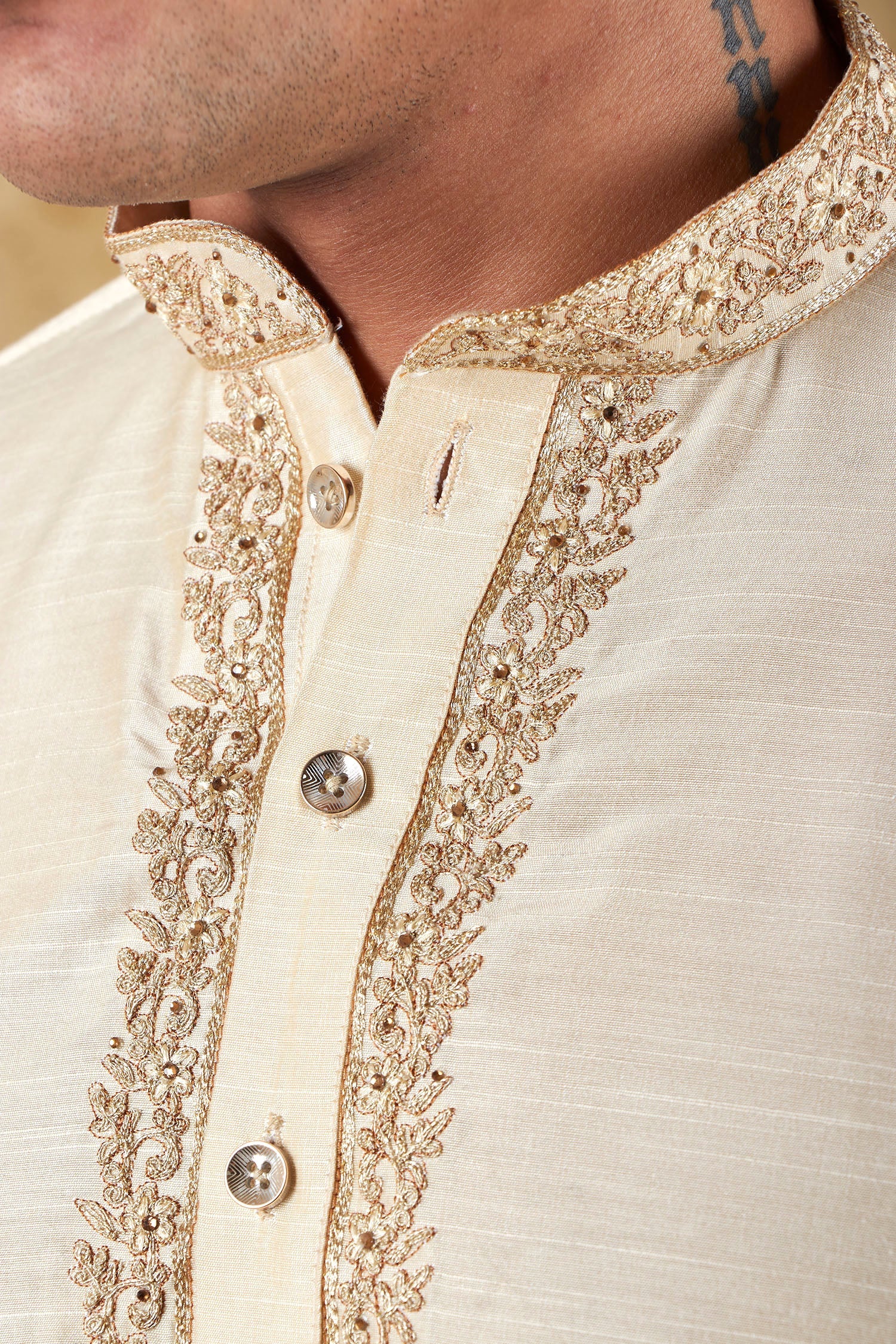 Bluesaanchi Men's Sunshine Handwoven Embroidered Cosmic LatteKurta Set | Swadesiicart