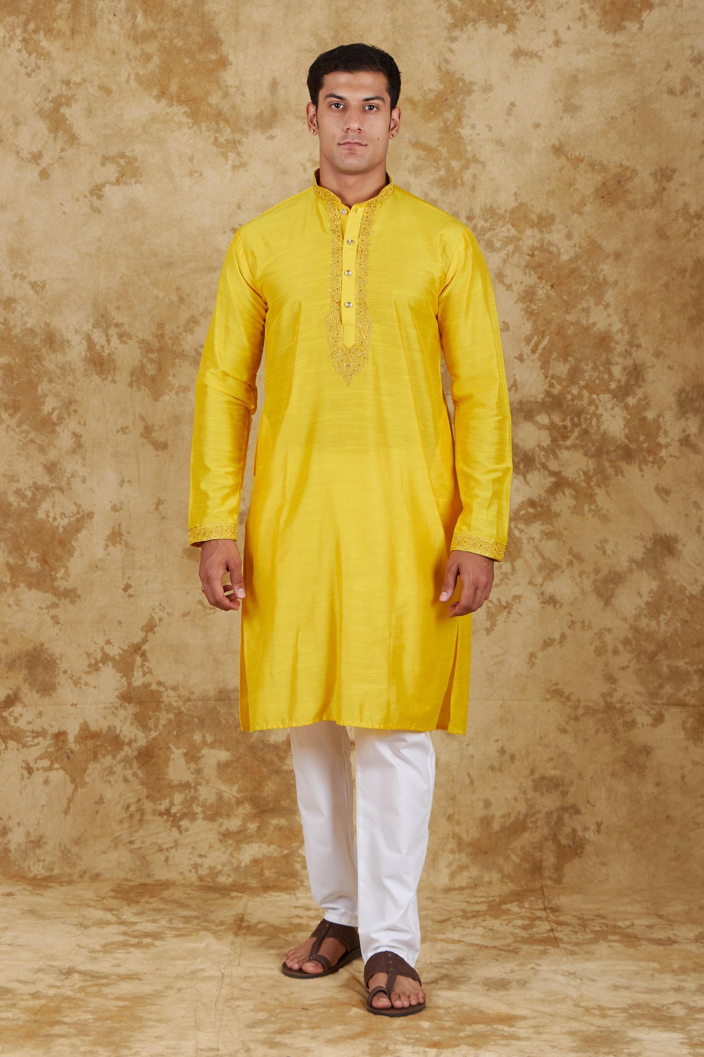 Bluesaanchi Men's Sunshine Handwoven Embroidered Maize YellowKurta Set | Swadesiicart