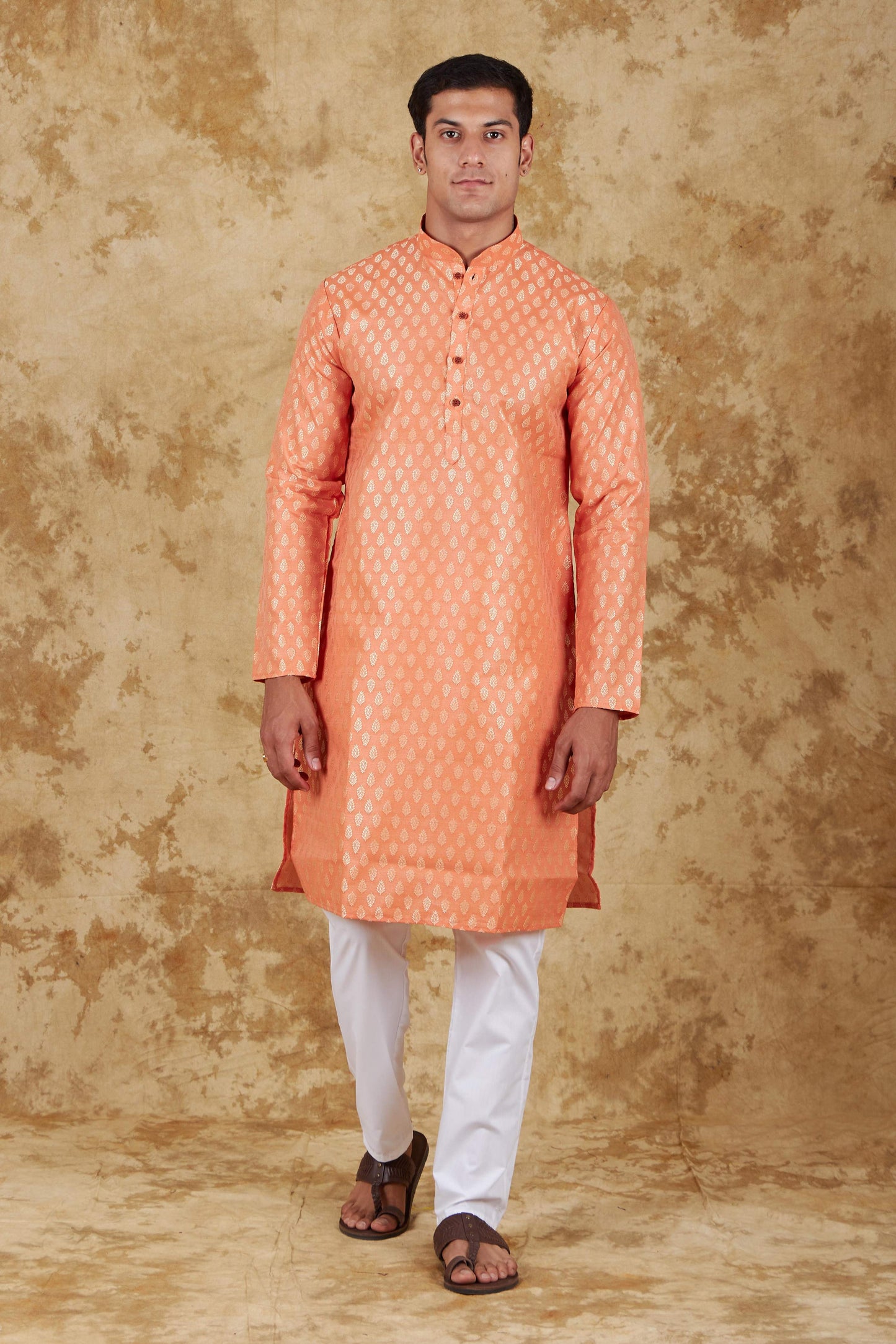 Bluesaanchi Men's Coral Banarasi Silk Kurta Set | Swadesiicart