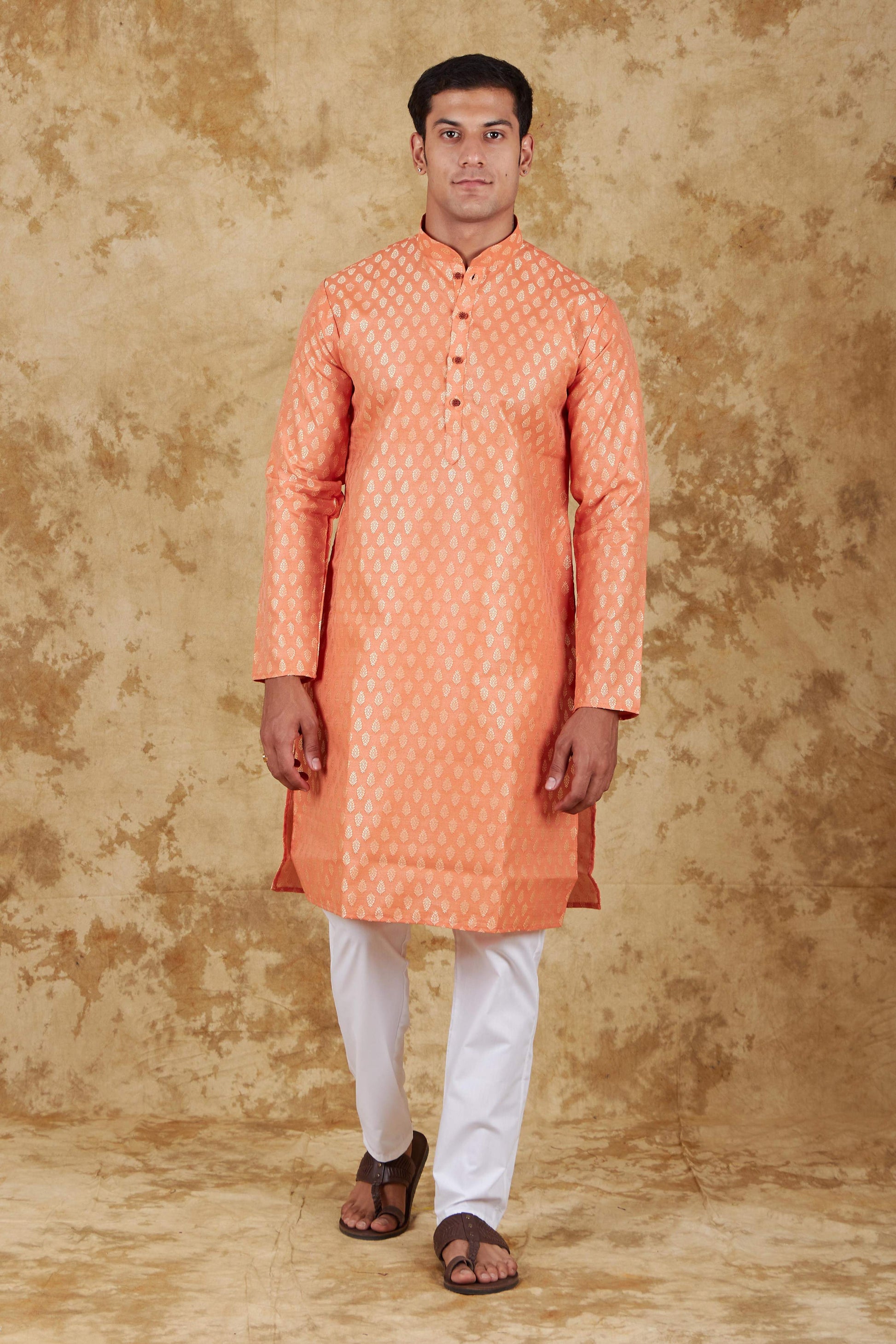 Bluesaanchi Men's Coral Banarasi Silk Kurta Set | Swadesiicart