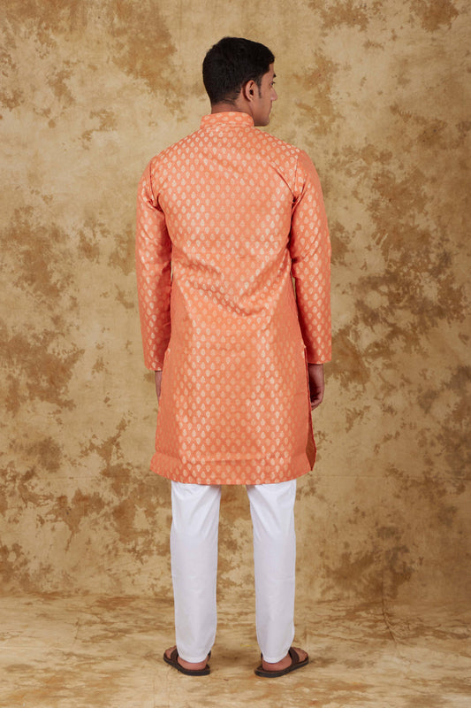 Bluesaanchi Men's Coral Banarasi Silk Kurta Set | Swadesiicart