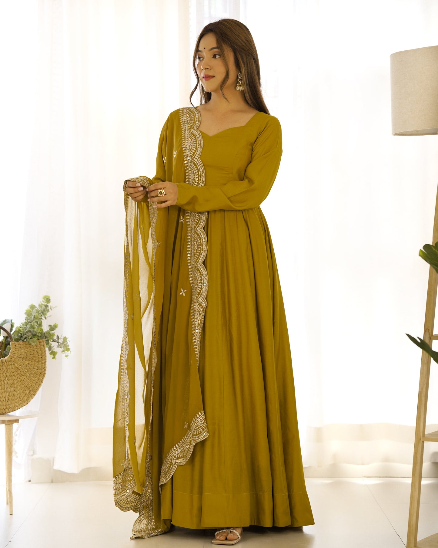Lorenvalley Fashion Yellow Pure Roman Silk Chanderi Fabric Fully Flared Anarkali Pant With Dupatta Set - Yellow | Swadesiicart