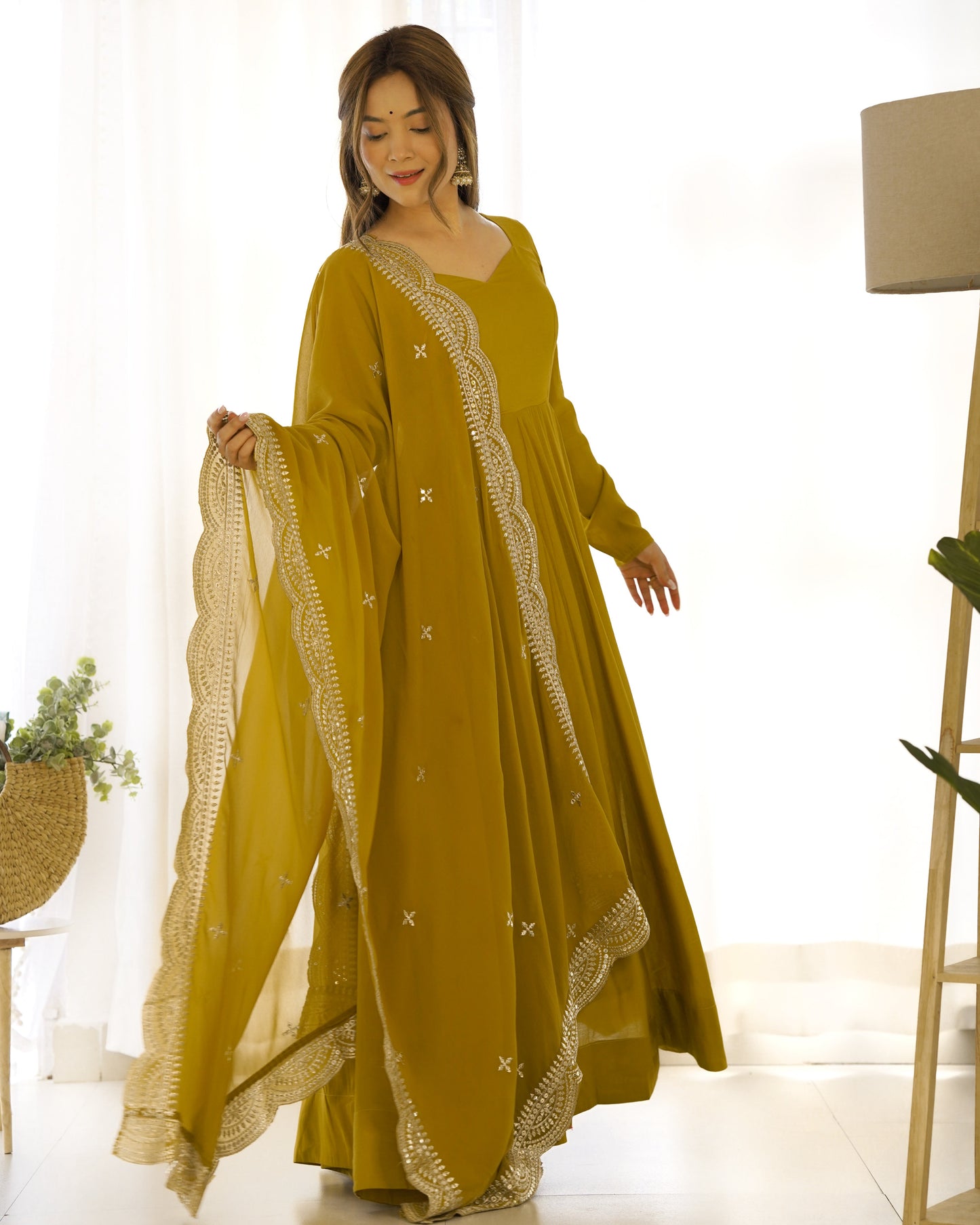 Lorenvalley Fashion Yellow Pure Roman Silk Chanderi Fabric Fully Flared Anarkali Pant With Dupatta Set - Yellow | Swadesiicart