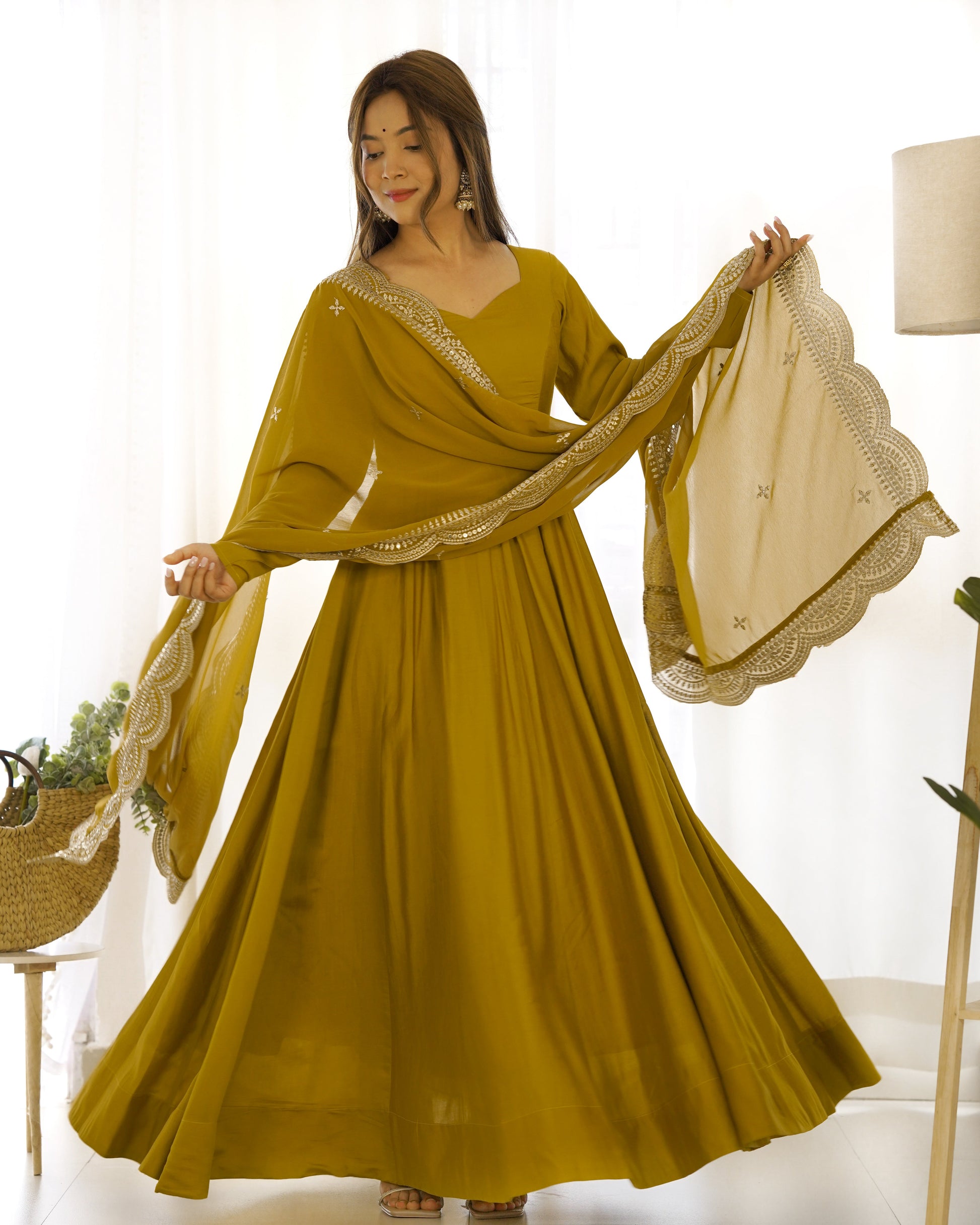 Lorenvalley Fashion Yellow Pure Roman Silk Chanderi Fabric Fully Flared Anarkali Pant With Dupatta Set - Yellow | Swadesiicart
