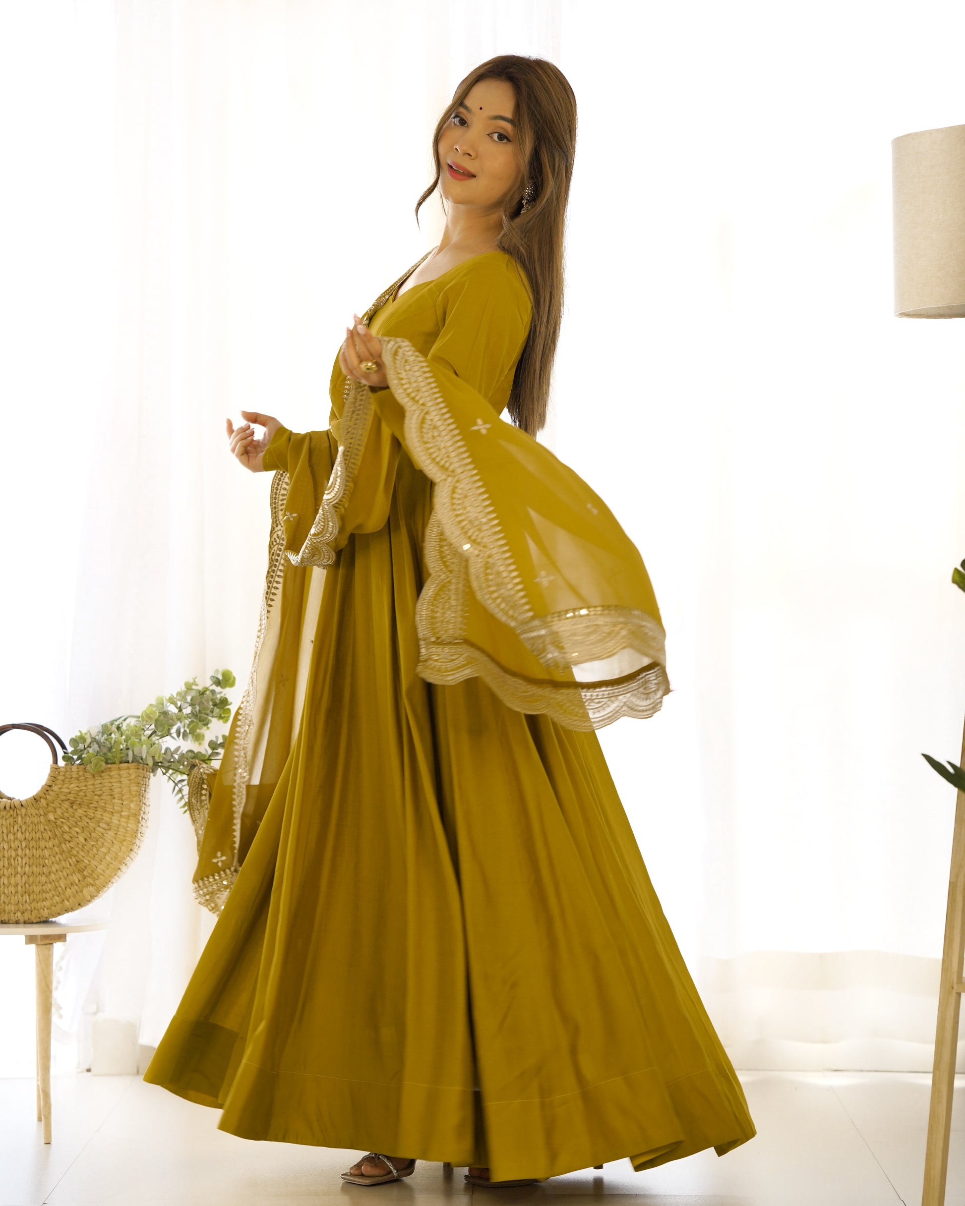 Lorenvalley Fashion Yellow Pure Roman Silk Chanderi Fabric Fully Flared Anarkali Pant With Dupatta Set - Yellow | Swadesiicart