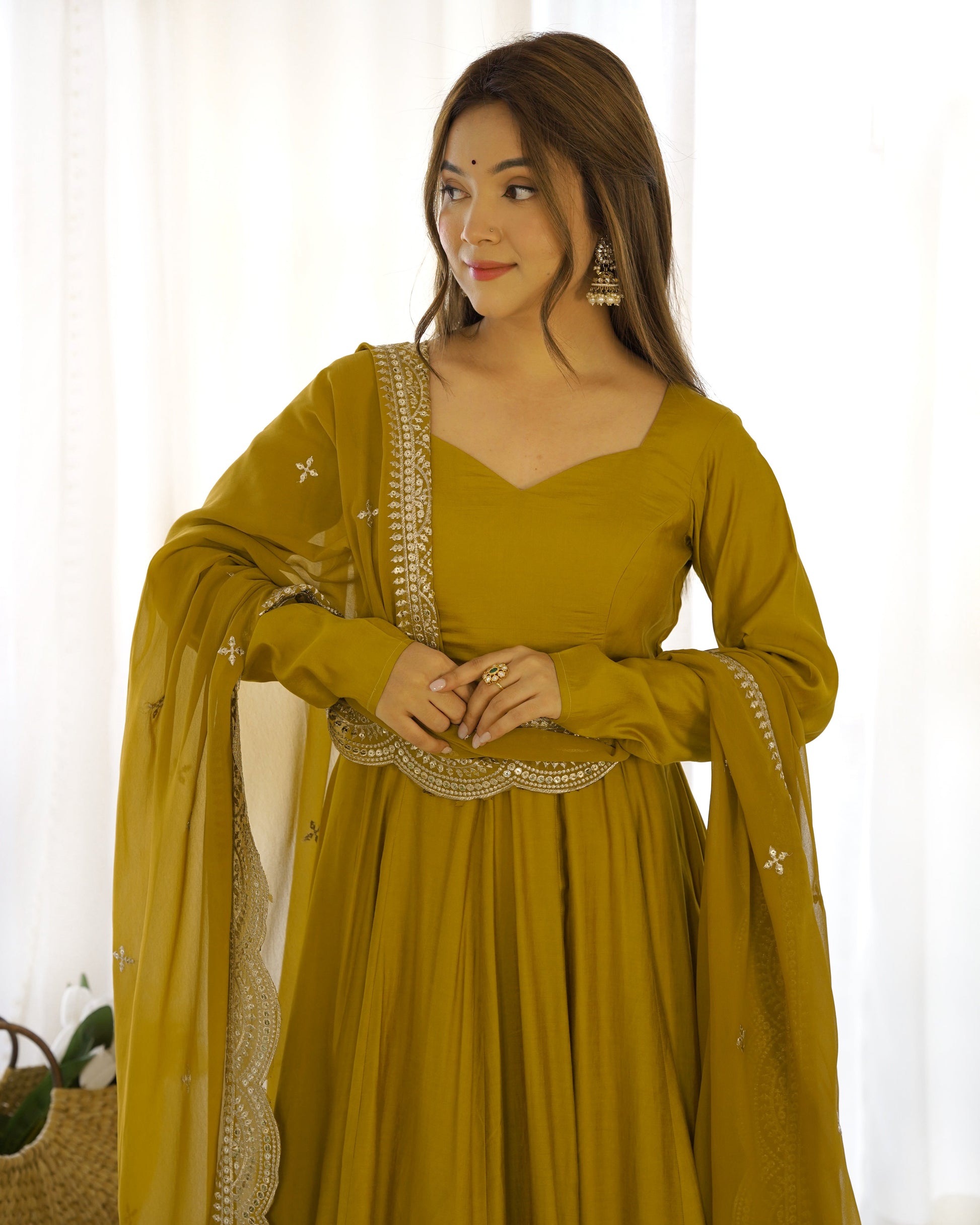Lorenvalley Fashion Yellow Pure Roman Silk Chanderi Fabric Fully Flared Anarkali Pant With Dupatta Set - Yellow | Swadesiicart