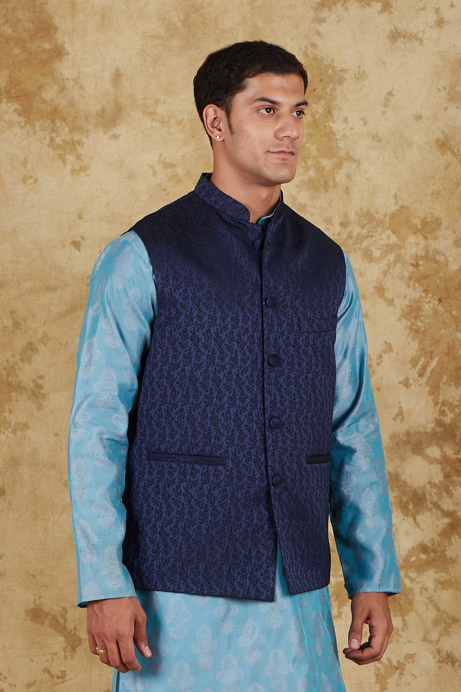 Bluesaanchi Men's Jacquard Blue Waistcoat | Swadesiicart