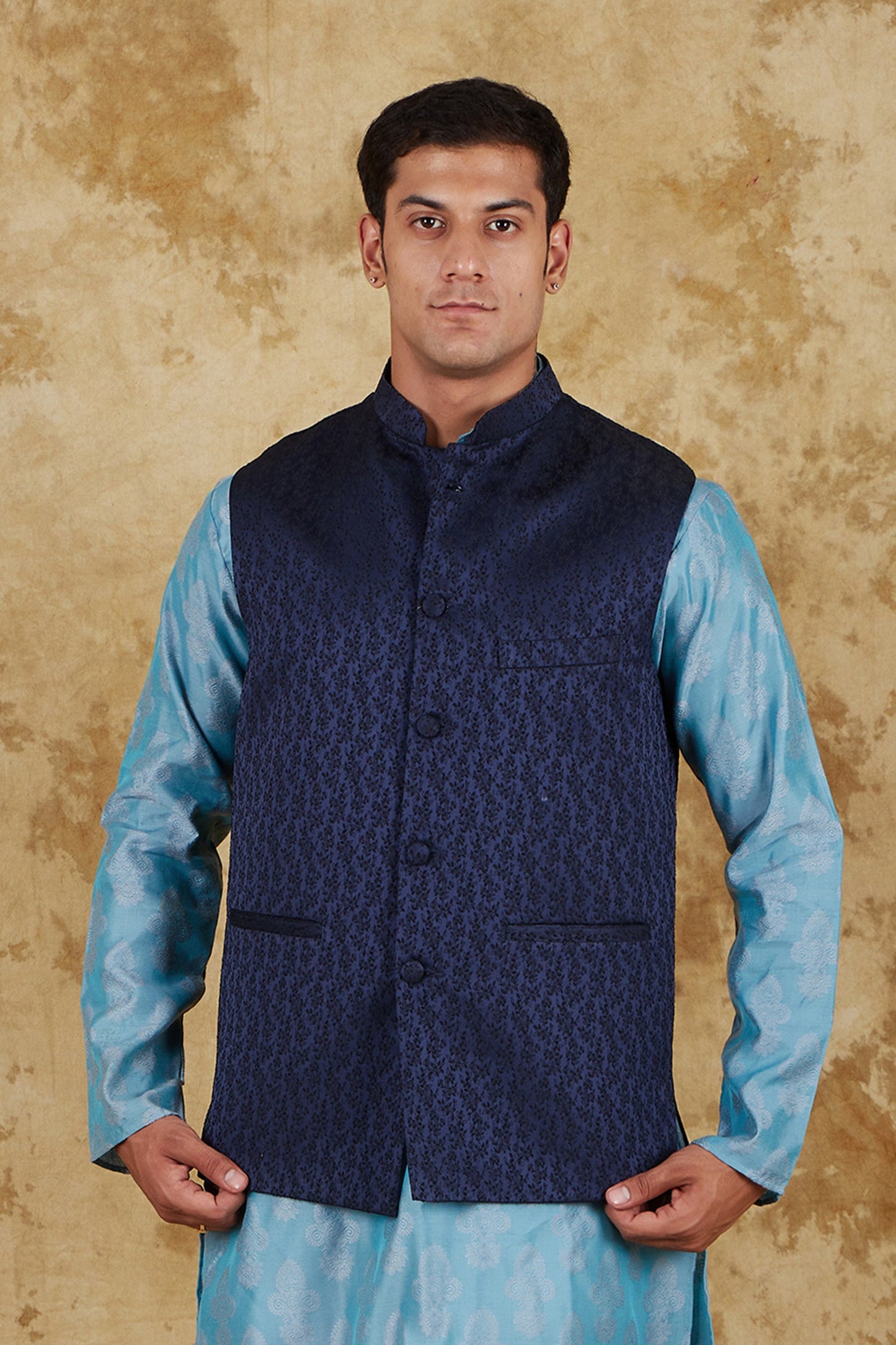 Bluesaanchi Men's Jacquard Blue Waistcoat | Swadesiicart